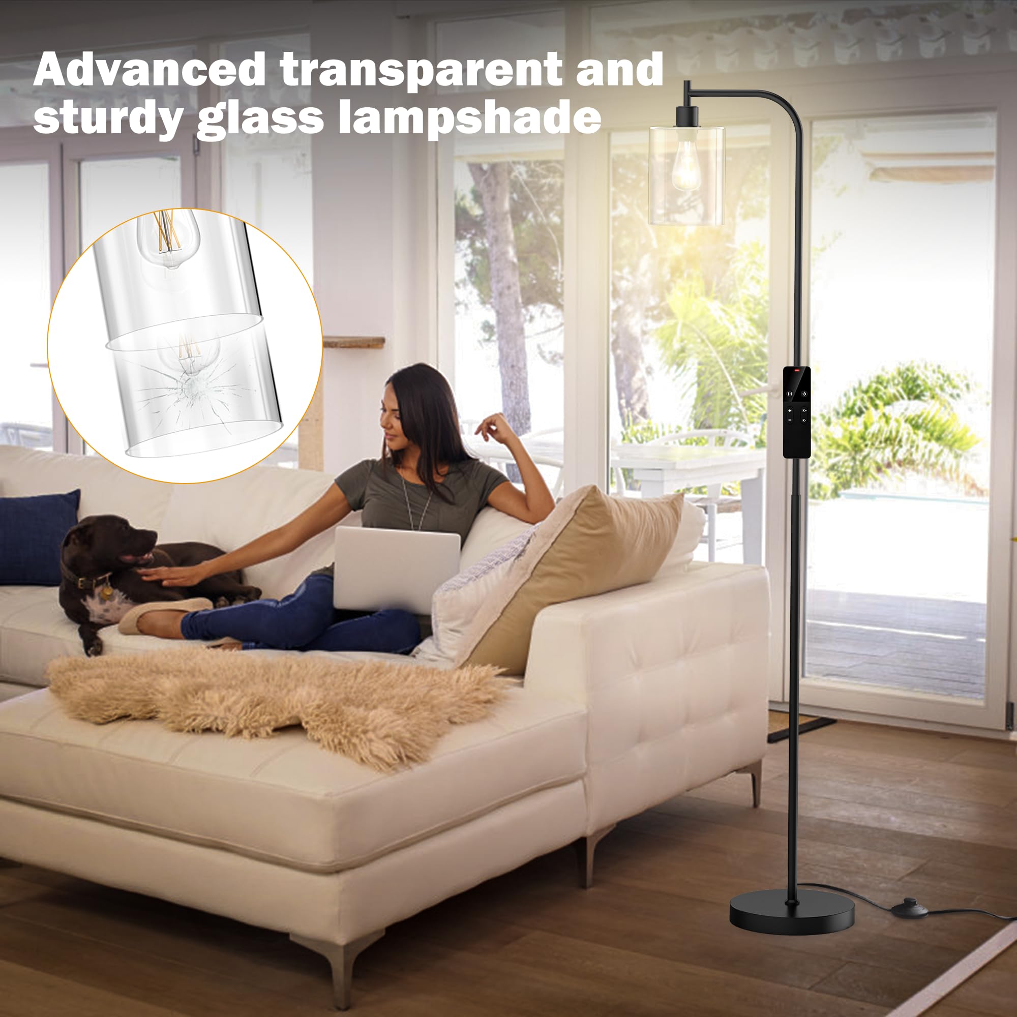 Wio-Mio Dimmable Industrial Floor Lamp with Glass Shade, Tall Black Lamp for Living Room, Bedroom, Office - Model MF19334