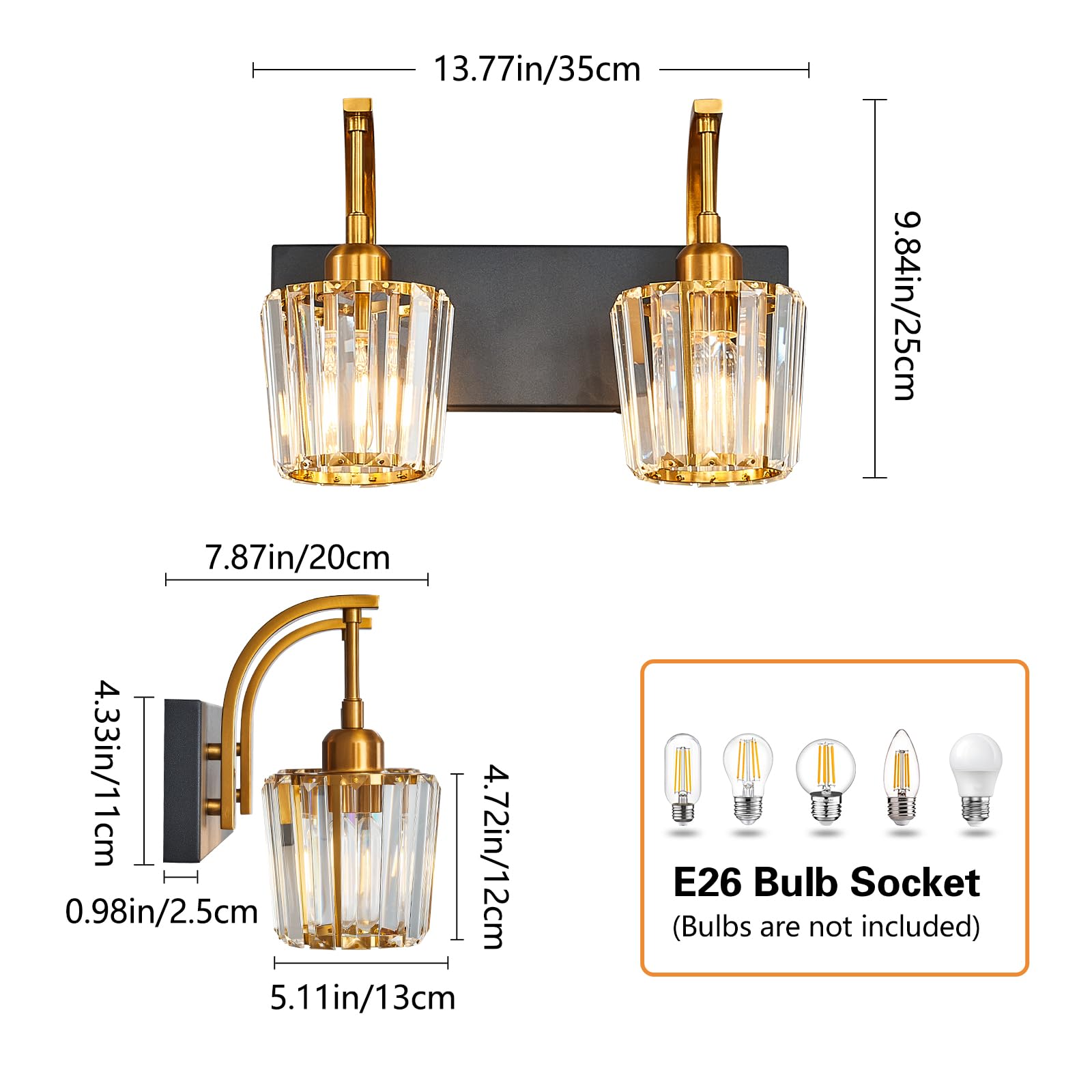 Fdpby Modern Bathroom Vanity Light  2-Light Black Gold Wall Sconce With Crystal Accents  Over Mirror Bathroom Lighting Fixture  13.77 Long Dimmable Vanity Lamp For Makeup  Easy Installation