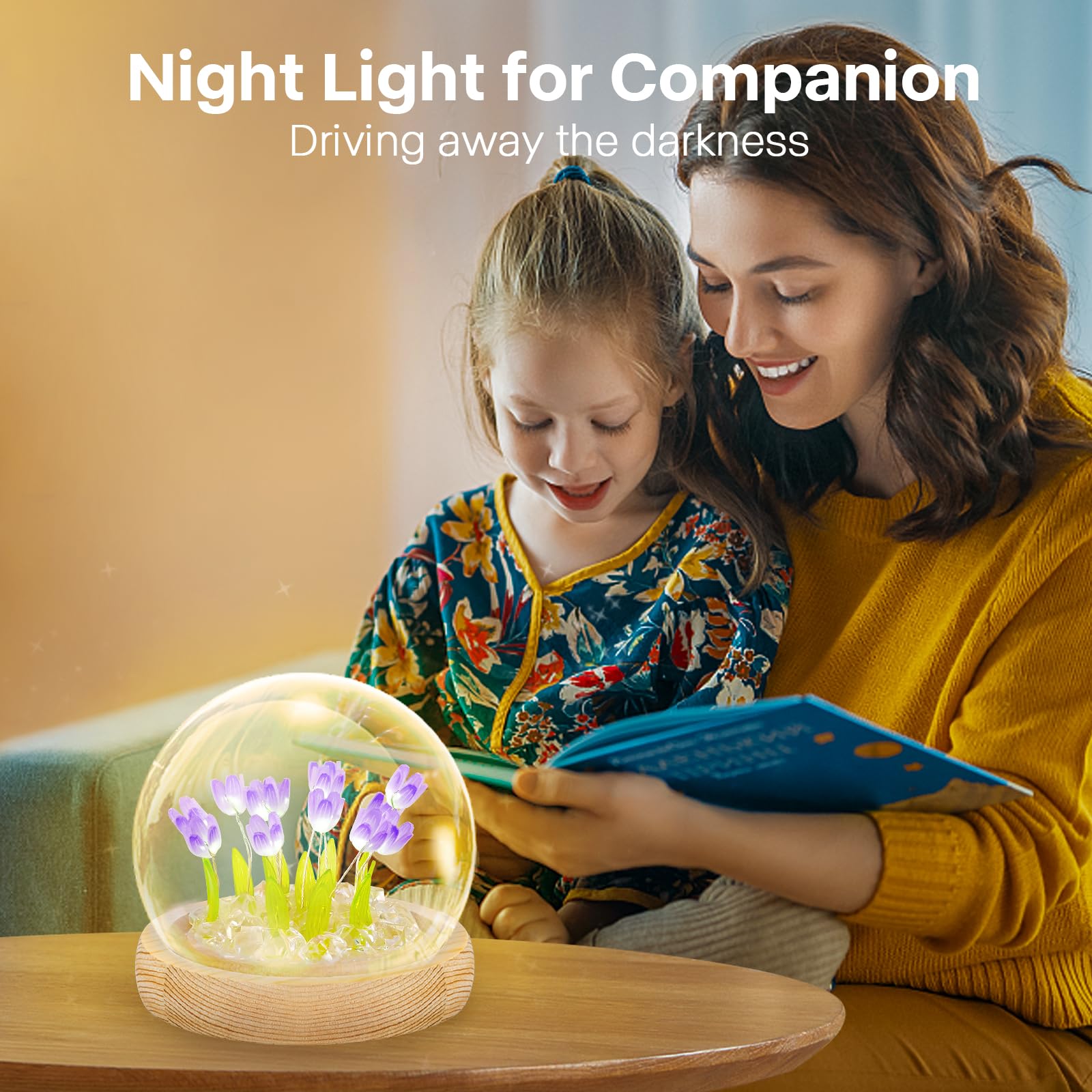 ONXE Glass Flower Night Light Lamp with Wooden Base, Purple Battery Powered Decor for Home, Unique Gift for Mom, Christmas, Birthday