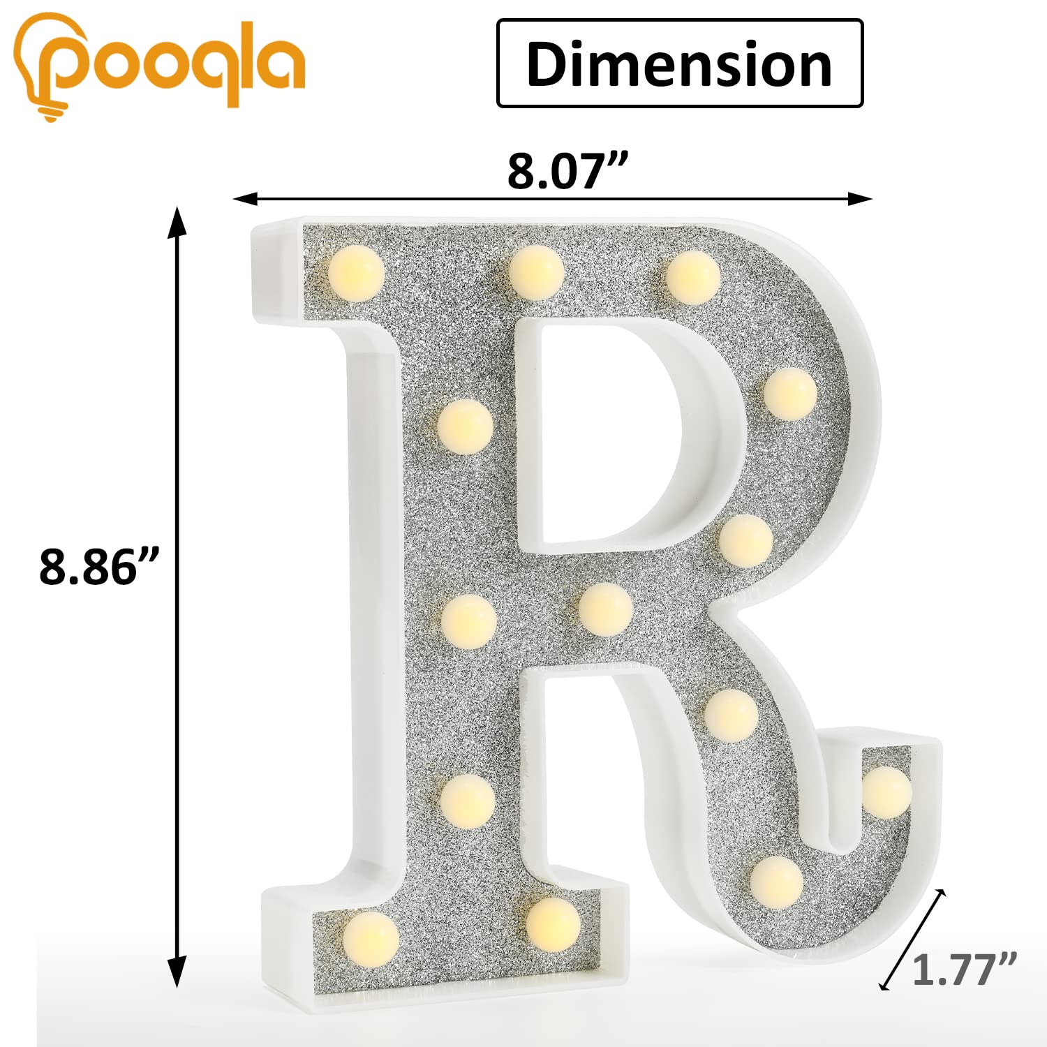 Pooqla LED Marquee Letter Lights, Battery Powered, 18 Colors, Glitter Silver, Ideal for Parties and Decorations