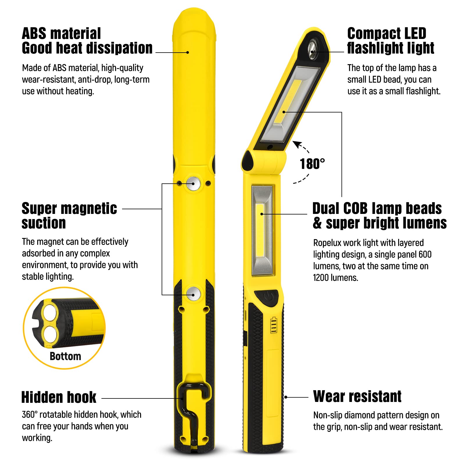 Work Light, Rechargeable Led Work Light 1500 Lumens, Portable Magnetic Work Light 180° Rotate 3 Modes, With 4 Magnetic Base And Hook Mechanic Light For Under Hood/Car Repairing/Inspection/Outdoor