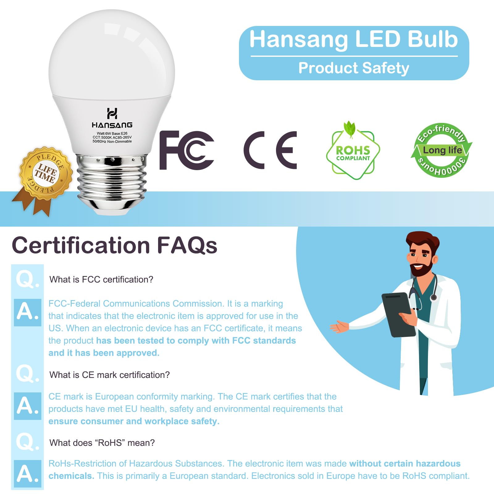 hansang A15 LED Light Bulb, 60W Equivalent, 600 Lumen, 5000K Daylight, E26 Base, 8 Pack, Eye Protection, Non-Dimm