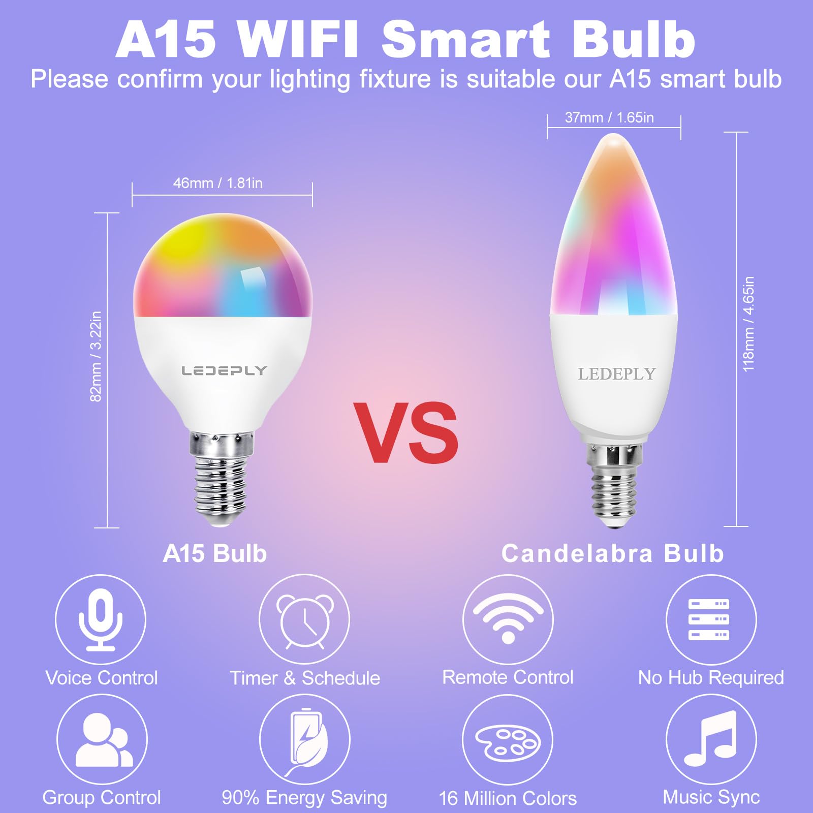 LEDEPLY A15 LED Smart Bulb 5W RGB Color Changing Dimmable Globe Light 4 Pack E12 Base 2700K-6500K Multi-colored