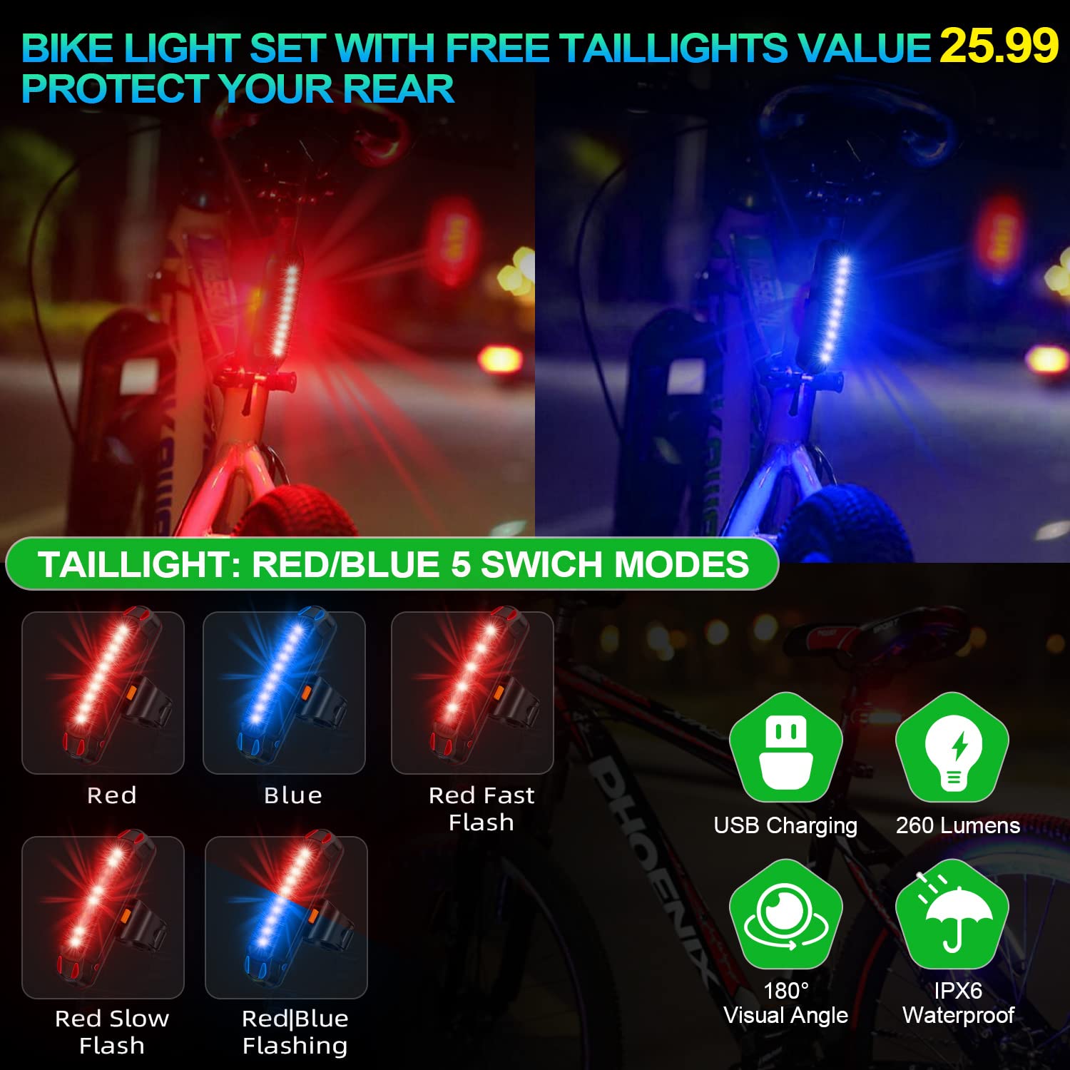 Cuytgsg 2025 LED Bicycle Light - Super Bright, 10 Modes, Waterproof IPX6, Rechargeable, 360° Rotatable, Blue, Model bb660