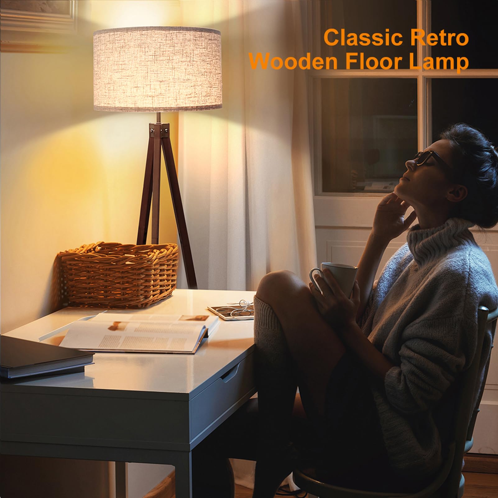 LEPOWER Wood Tripod Floor Lamp, Mid Century Modern Design, Dark Brown, E26 Base, Ideal for Living Room and Office