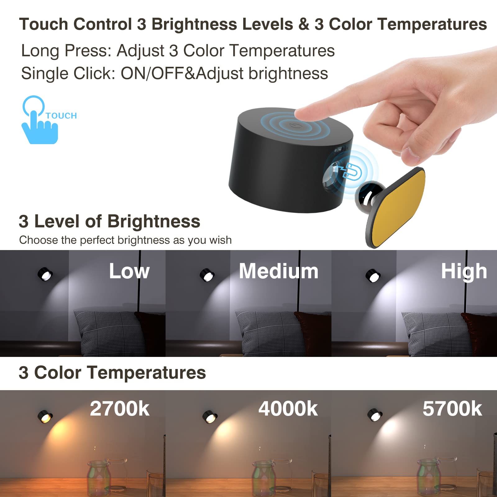 Koopala LED Wall Mounted Reading Light, 3 Color Temperatures, 3 Brightness Levels, 2.95" x 1.77", Black-A, Rechargeable with Touch Control
