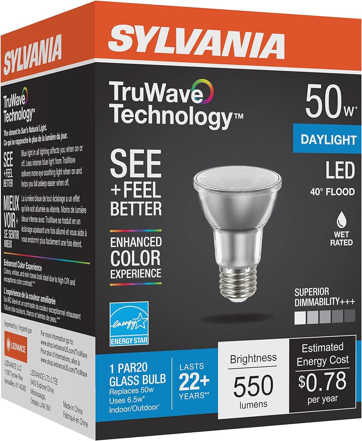 LEDVANCE Sylvania PAR20 LED Light Bulb, 50W Equivalent, Dimmable, 5000K Daylight, 6W, White, 1 Count, Model 409