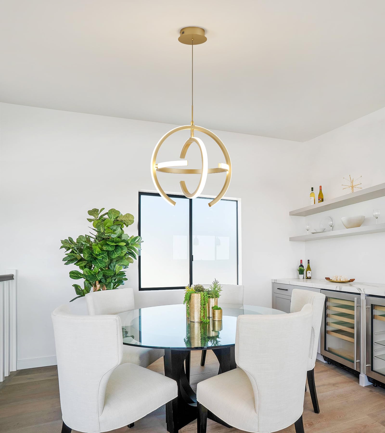 Q&S Modern LED Chandelier, Gold Round Globe Pendant Light, W15", Model P2028-GD for Entryway, Kitchen, Dining Room, Living Room
