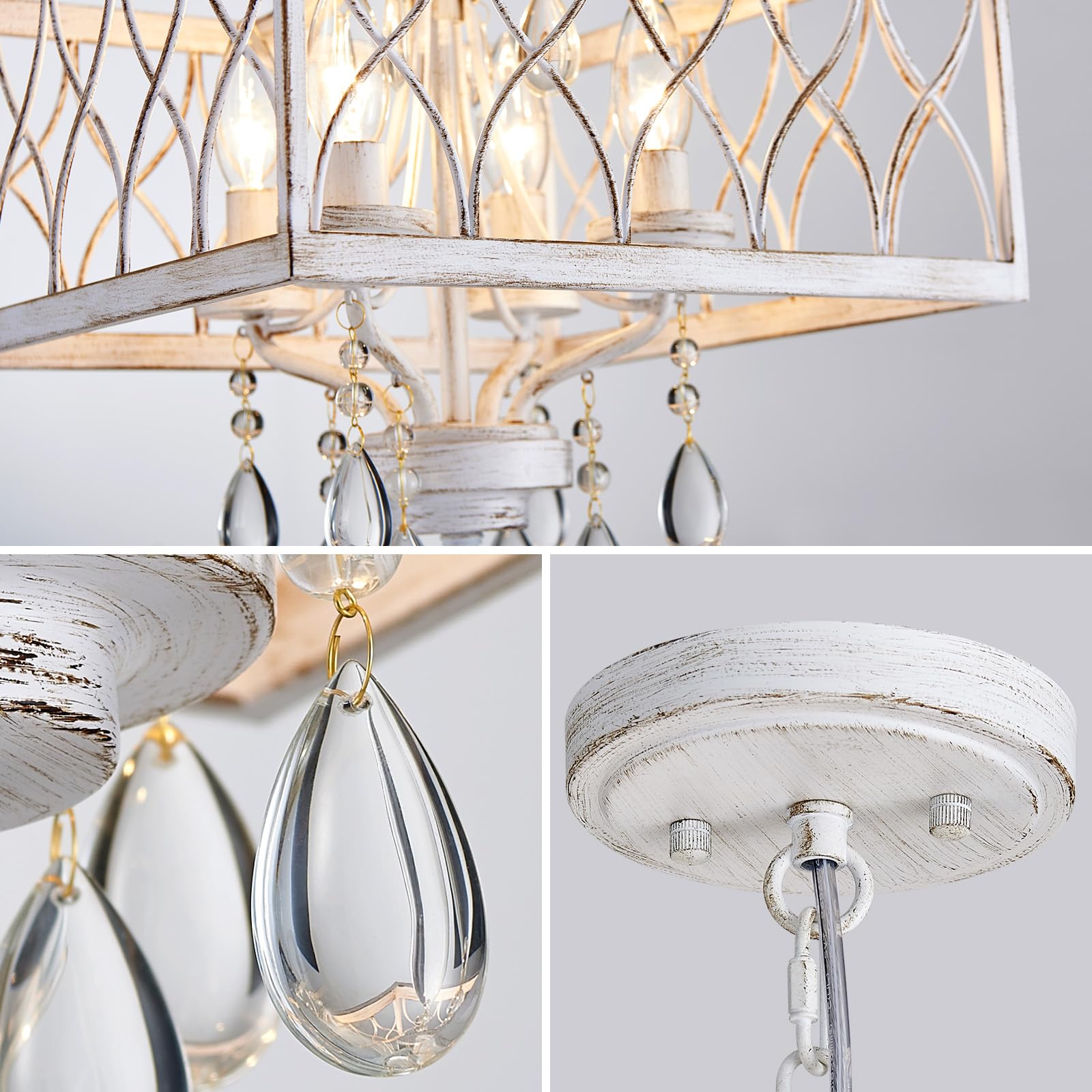 Farmhouse Crystal Chandelier White Modern K9 Crystal Ceiling Chandelier Lighting Fixture  Hanging Pendant Light Fixture  Kitchen Island Lighting For Dining Room Living Room Entryway Bedroom Hallway