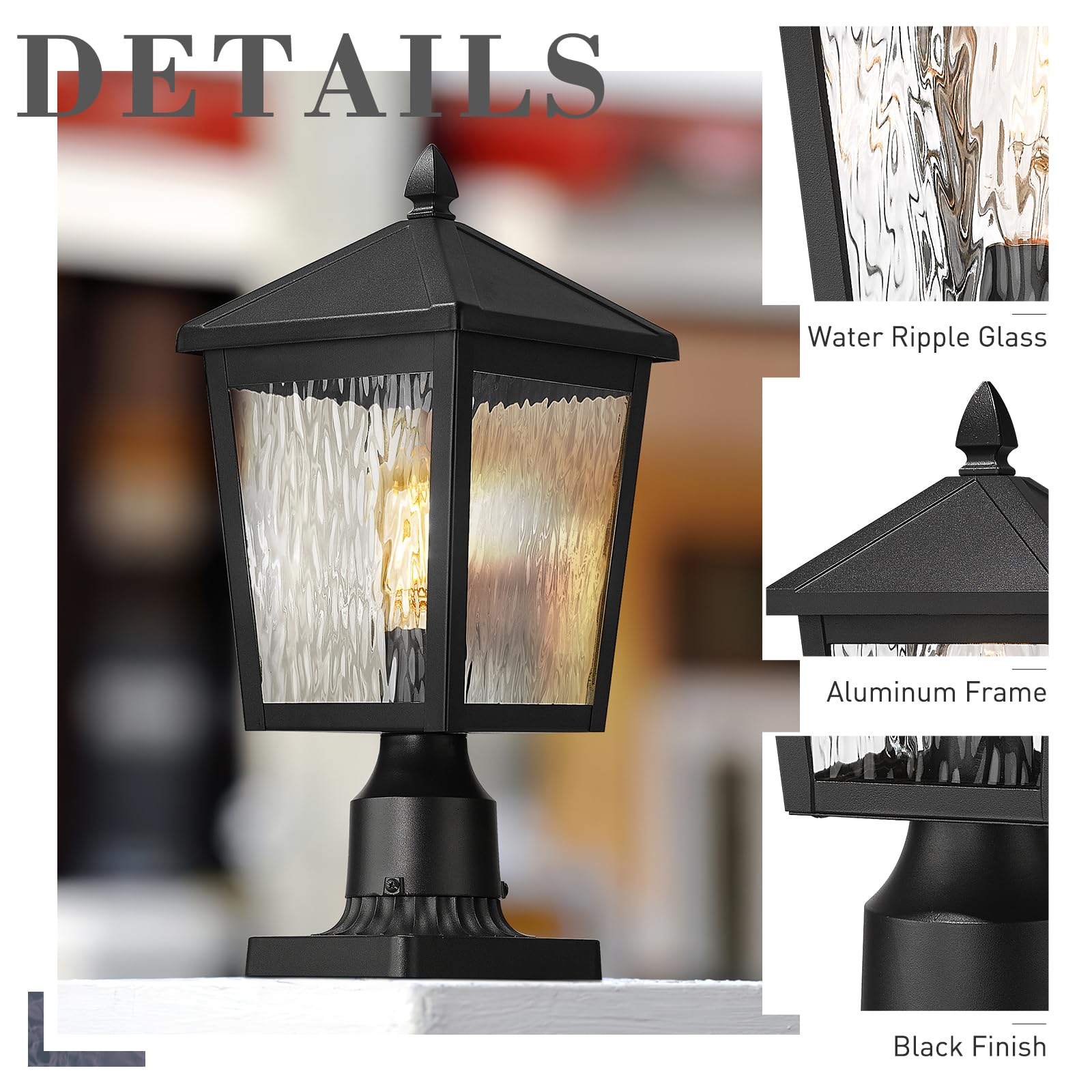 Zeyu Large Lamp Post Light Fixture, 16.1 Inch Outdoor Post Lamps For House Garden, Die-Cast Aluminum With Water Ripple Glass, Bl