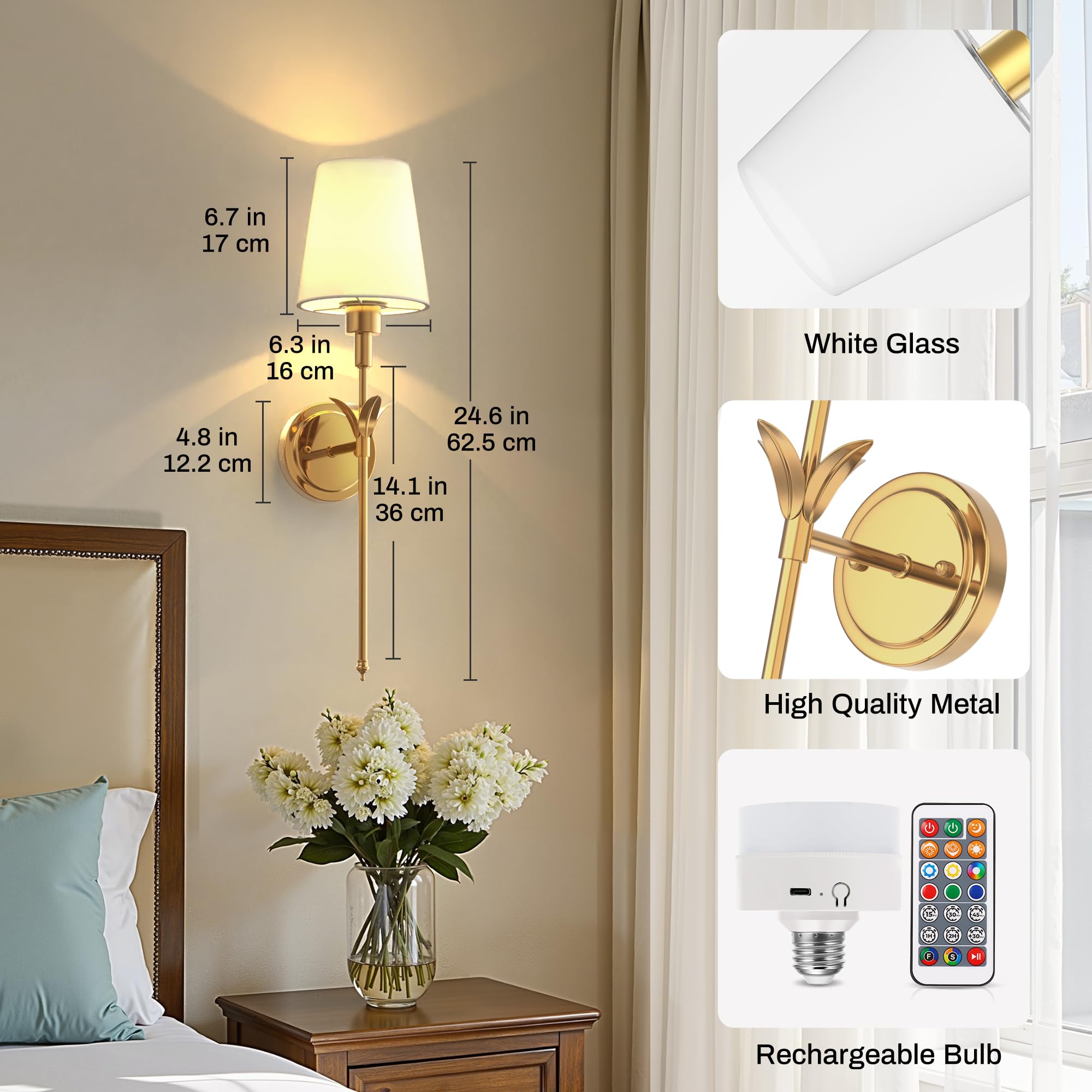 DORESshop Battery Operated Wall Sconce Set of 2, 24.6" Brass Metal Wireless Light for Bedroom & Living Room