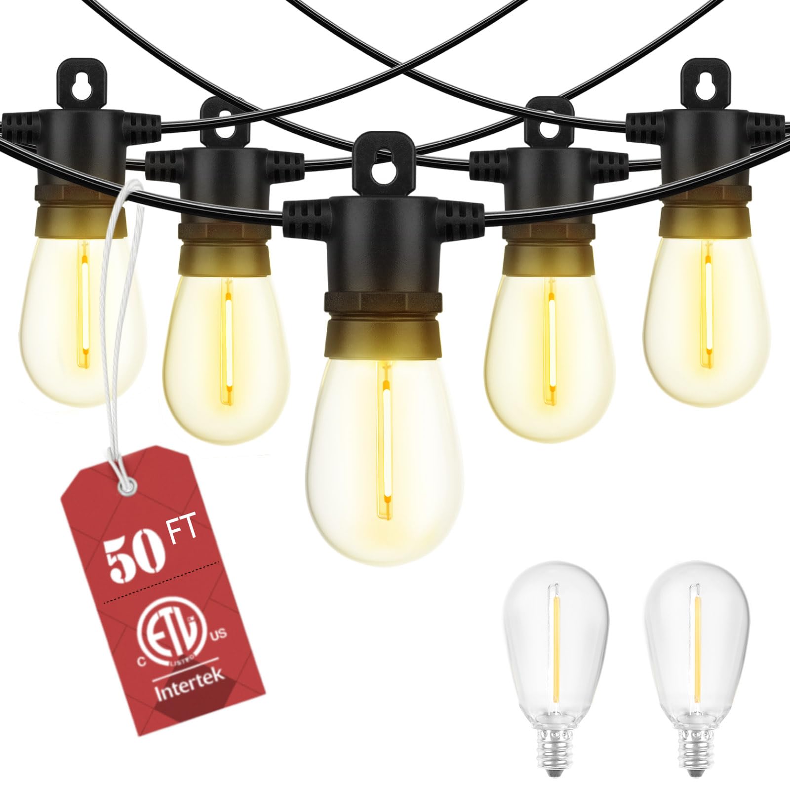 LONIUTO 50FT Outdoor String Lights, Patio String Lights Waterproof & Shatterproof, Patio Hanging Lights with 25 Plastic Bulbs, E