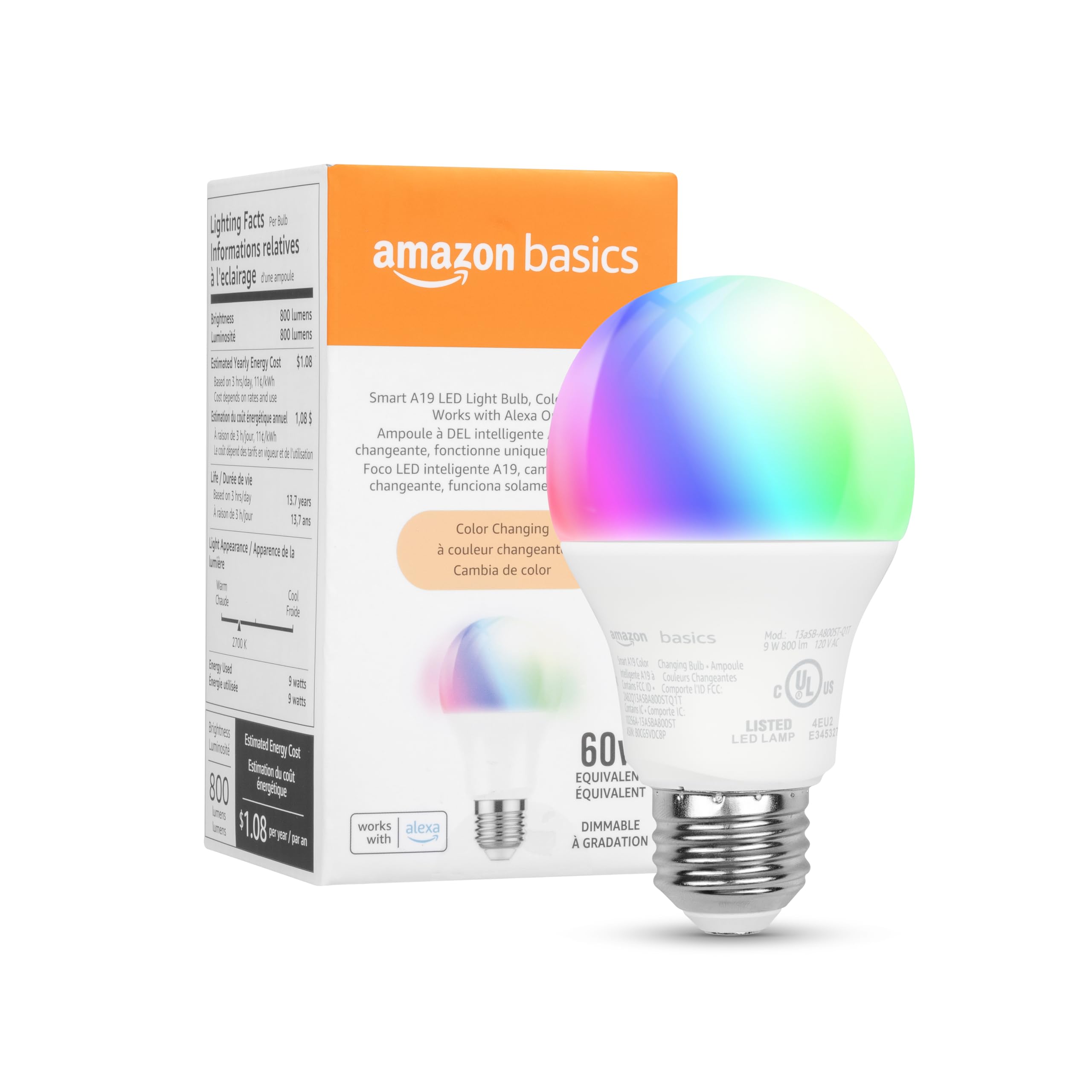 Amazon Basics Smart A19 Led Light Bulb, Color Changing, 9W (60W Equivalent), 800Lm, Works With Alexa Only, 2.4 Ghz Wi-Fi, No Hub