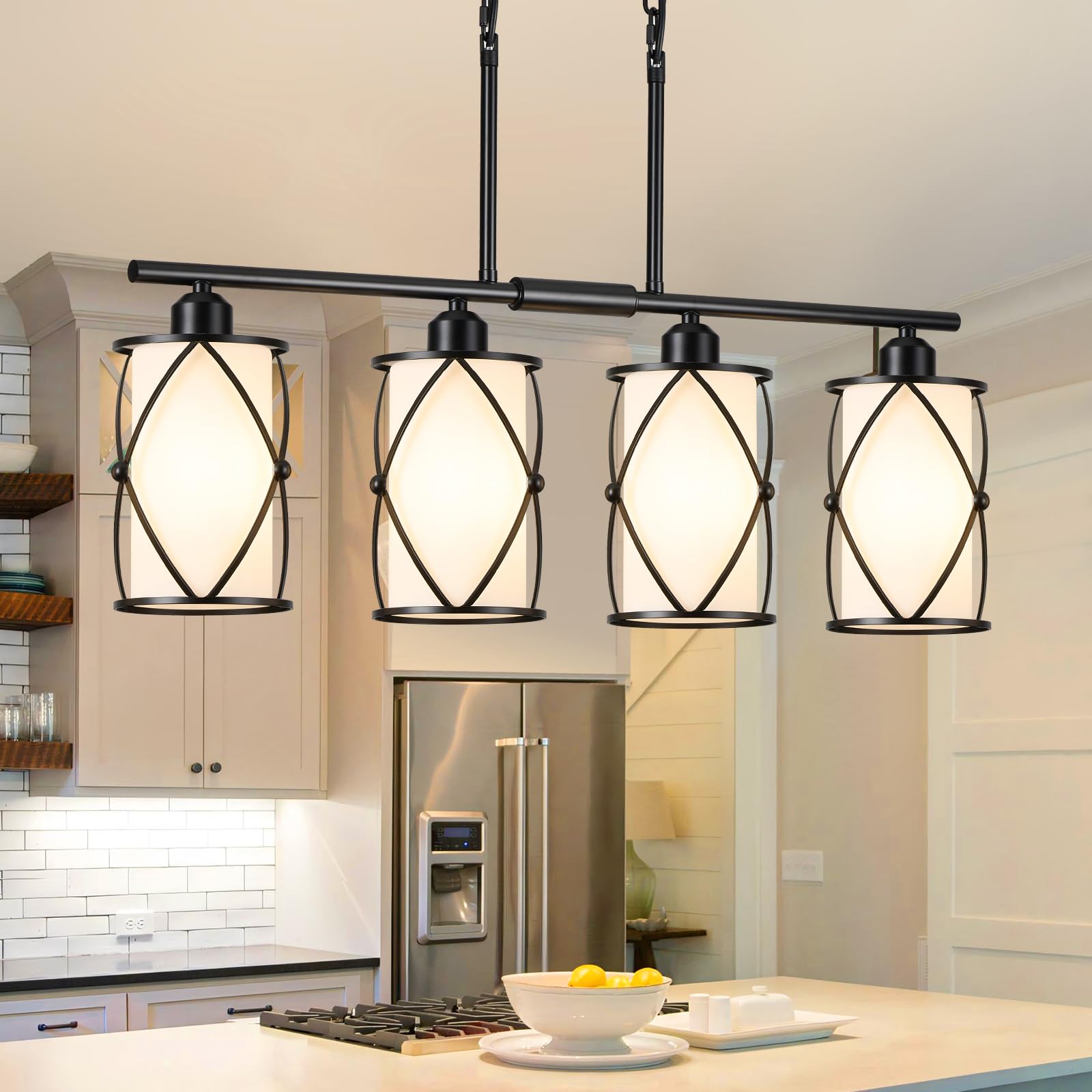 Osimir 4-Light Kitchen Island Lighting  Modern Black Linear Dining Room Light Fixtures with Milk Glass  Farmhouse Industrial Chandelier Pendant Light for Kitchen Island Dining ROM  CH9176BKW-4IS