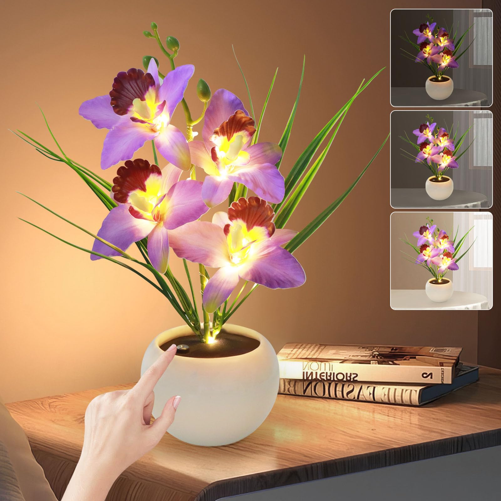 Strackvial Artificial Flower Night Light, Touch Stepless Dimming Usb Rechargeable Orchid Flower With Vase Lamp, Led Table Lamp D