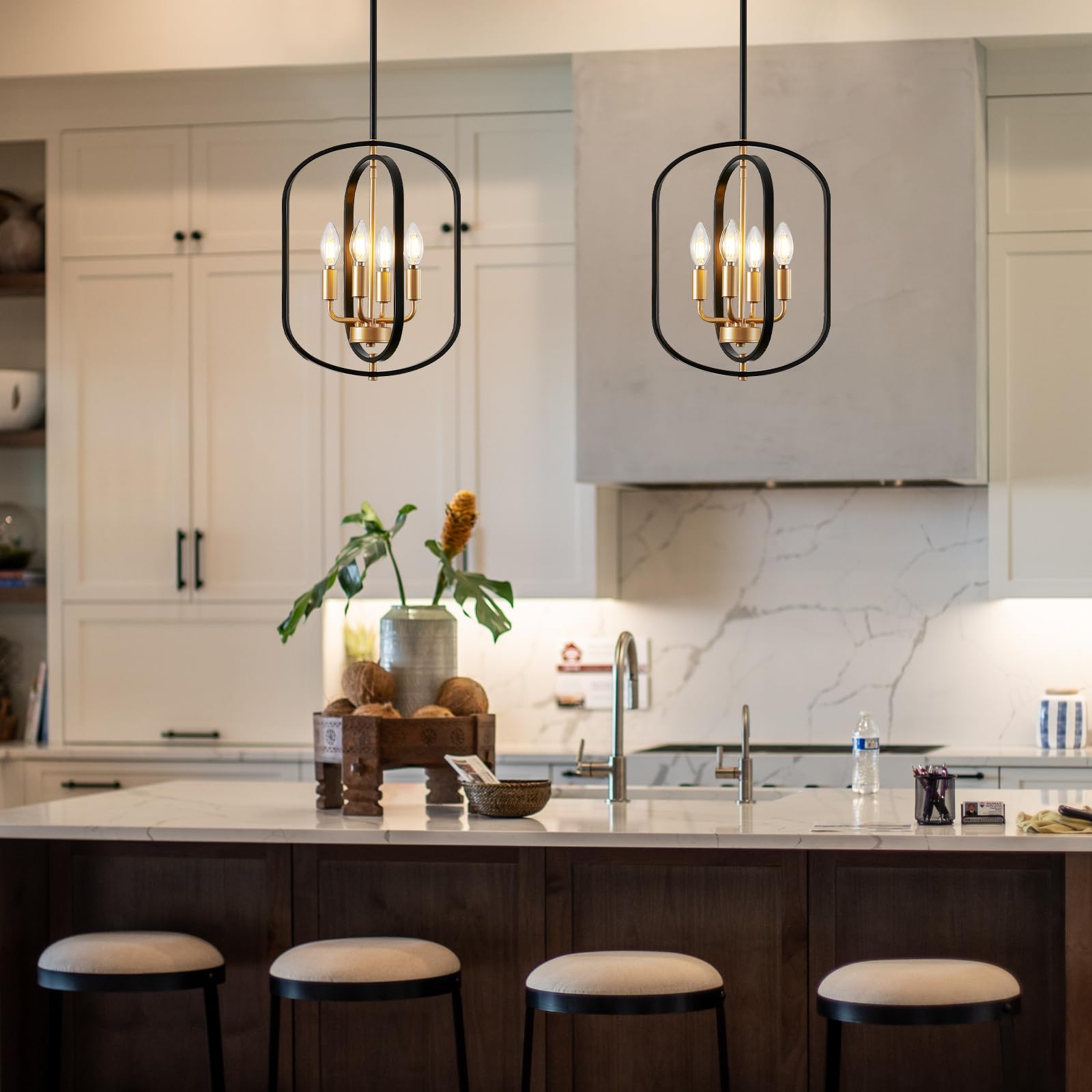 AKLMXCG Black and Gold Chandelier, 4 Light Modern Farmhouse Pendant, Metal Foyer Lighting Fixture, Model 7086