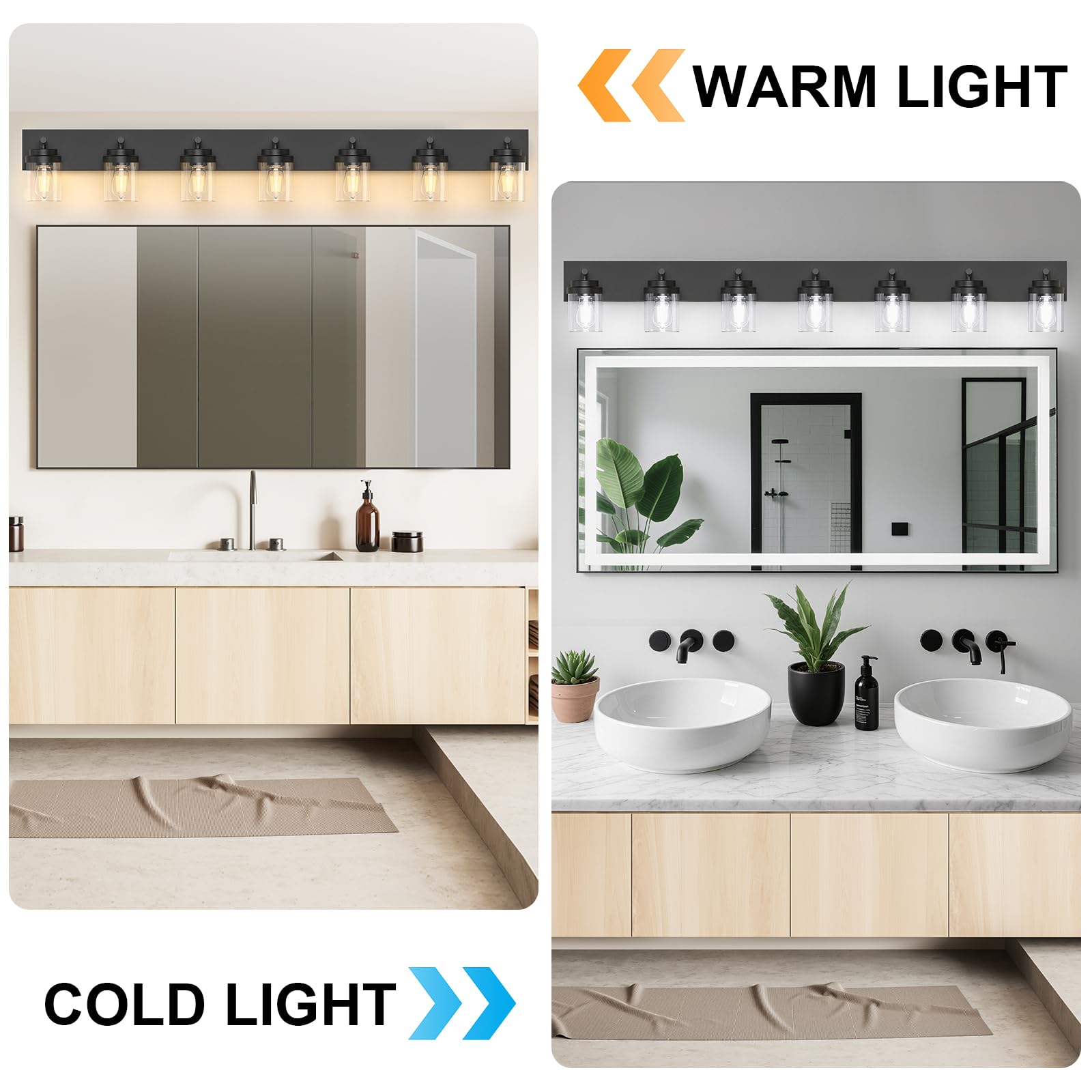 Izorro Bathroom Vanity Light Fixture  7-Light 51 Inch Matte Black Bathroom Light Fixtures Over Mirror  With Clear Glass Shade  Modern Farmhouse Vanity Lights  Rustic Restroom Lighting Fixtures