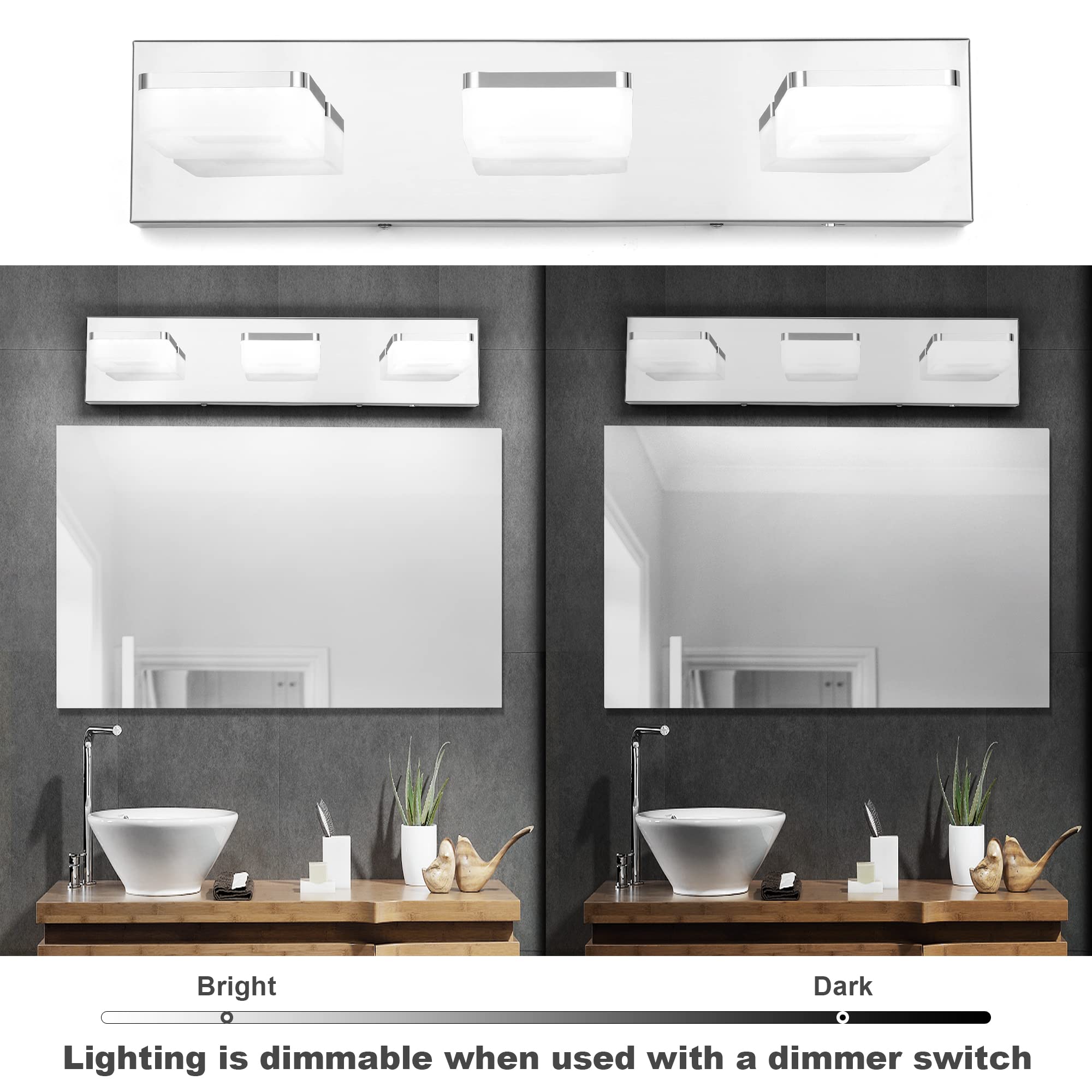Goodate Chrome Led Bathroom Vanity Lights - Dimmable 3-Light Fixtures, Adjustable 3000K/4000K/6000