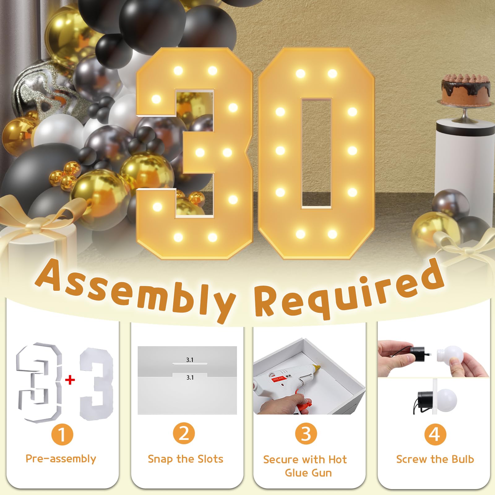imprsv Light Up Numbers, 30th Birthday Decorations, Foam Board, 4FT Size, Marquee Style, Anniversary Party Kit