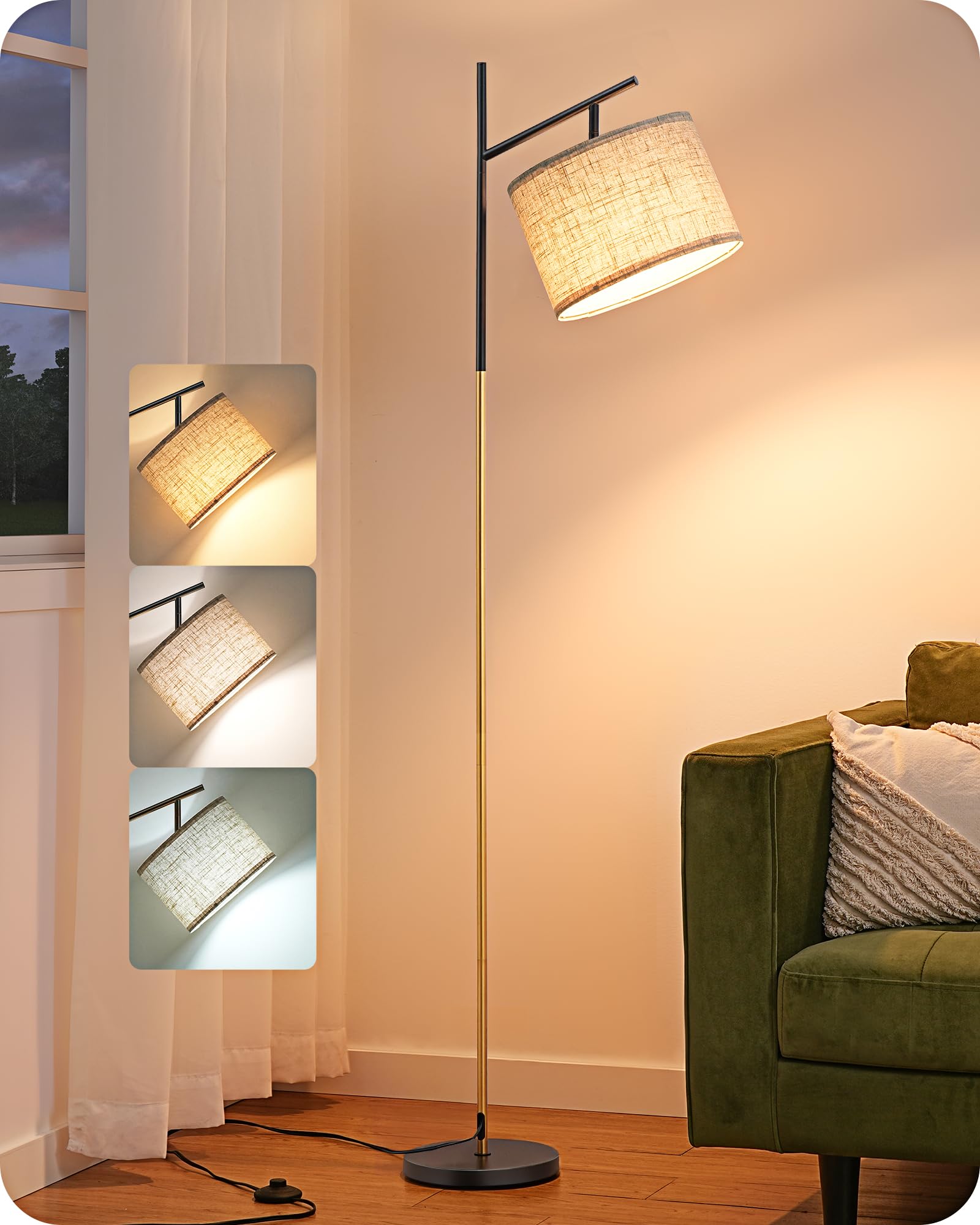 EDISHINE Modern Floor Lamp, 64.7in Adjustable Linen Shade, 3 Color Temperatures, Iron, Black-Gold