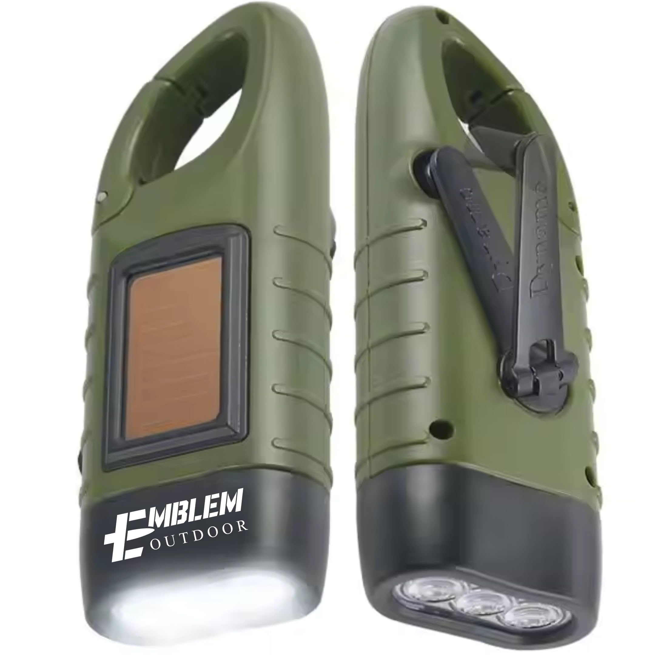 Emblem OD Hand Crank Solar Powered Flashlight, Emergency Rechargeable LED Survival Flashlight with Dynamo Crank and Carbiner Cli