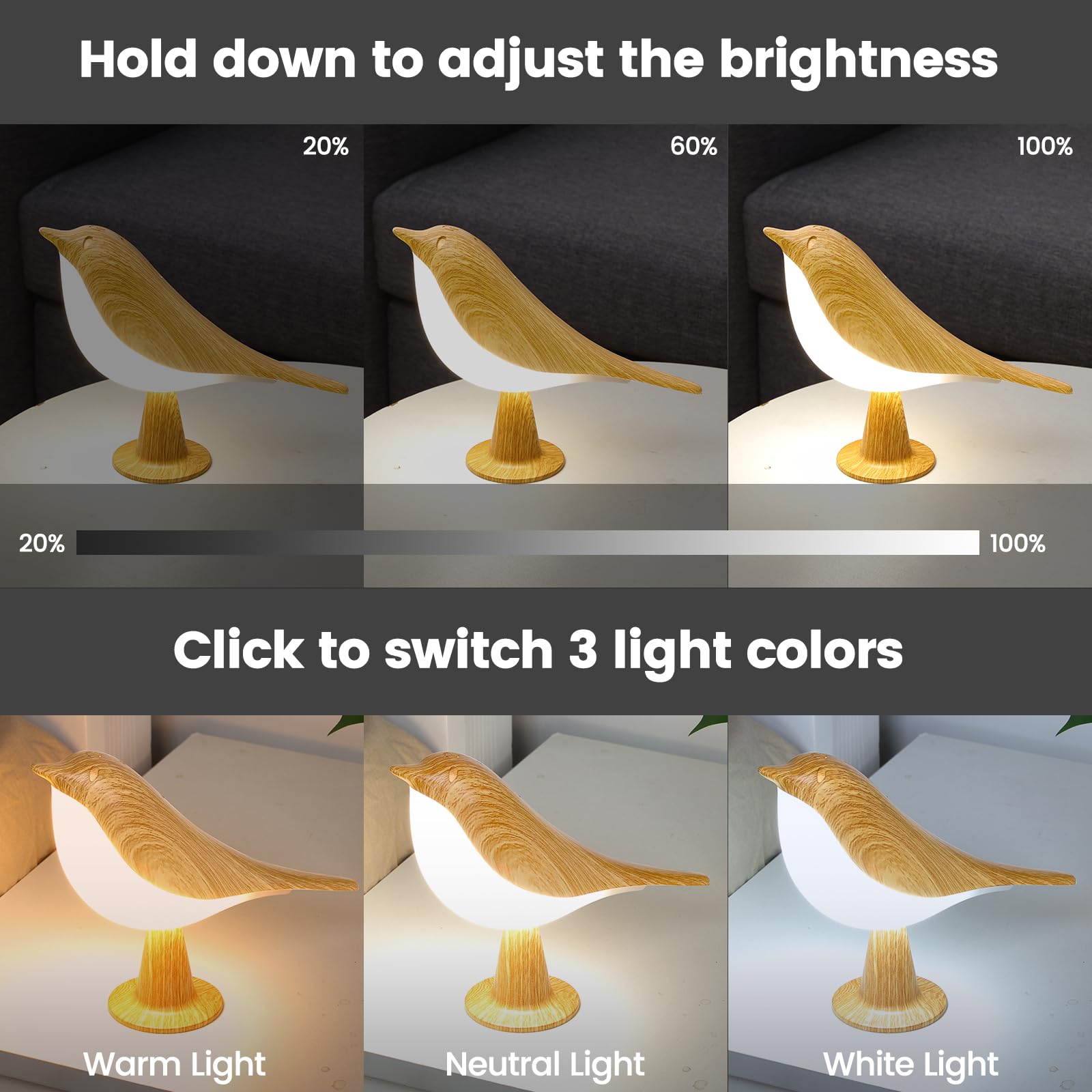 Small Cute Bird Table Lamp, Touch Night Light, Cordless Bedside Lamps, Desk Lamp, 3-Way Dimmable Usb Rechargeable Battery 2600Ma