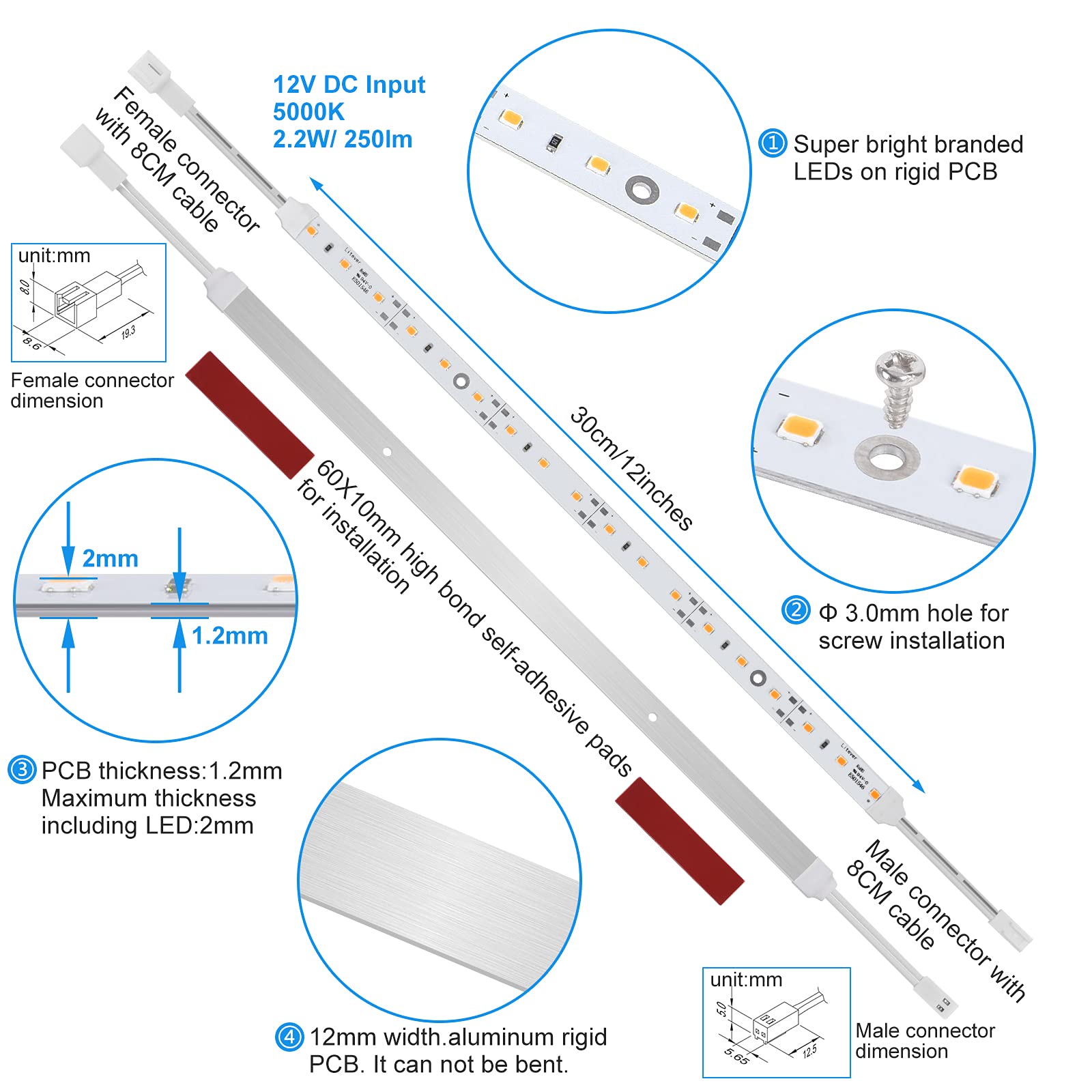 Under Cabinet Led Lighting Kit For Kitchen Cabinet Counters Shelf Closet. 6 Pcs 12 Inches Light Strip With Adapter Switch Dimmer