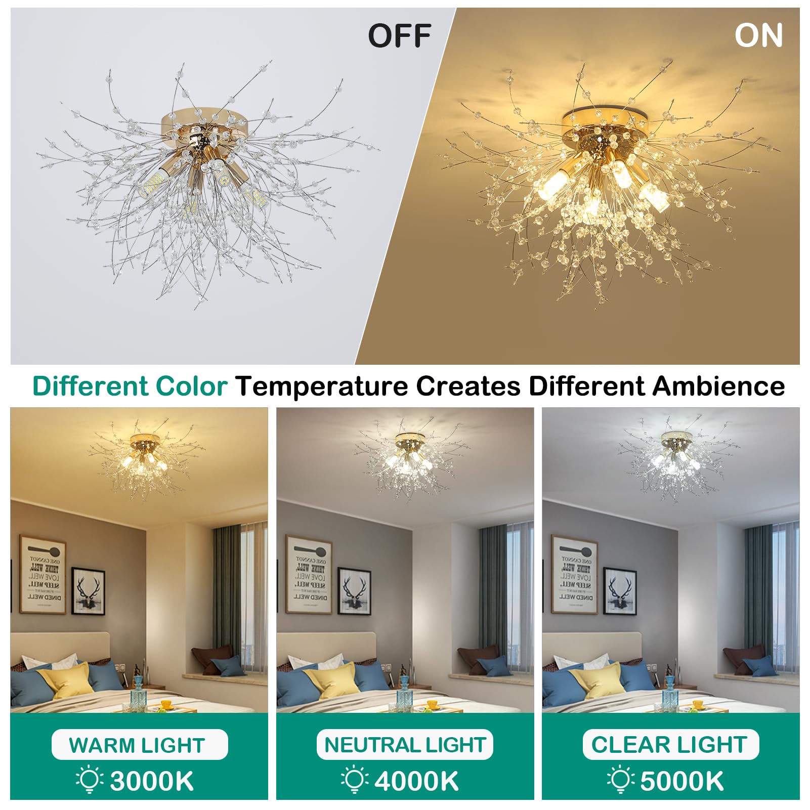 HMVPL Gold Crystal Flush Mount Ceiling Light, 4-Light Brass Mini Chandelier, K9 Crystal, Model 230401B1