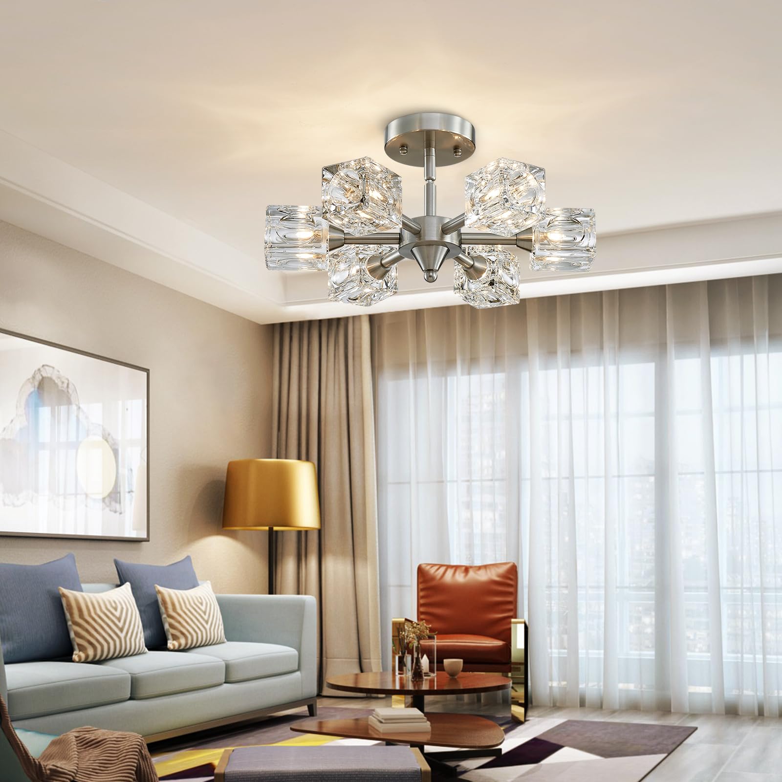 Peskoe Sputnik Light Fixture Modern Chandelier Ceiling Light, 16.9'' Brushed Nickel Semi Flush Mount Ceiling Light Fixture For B