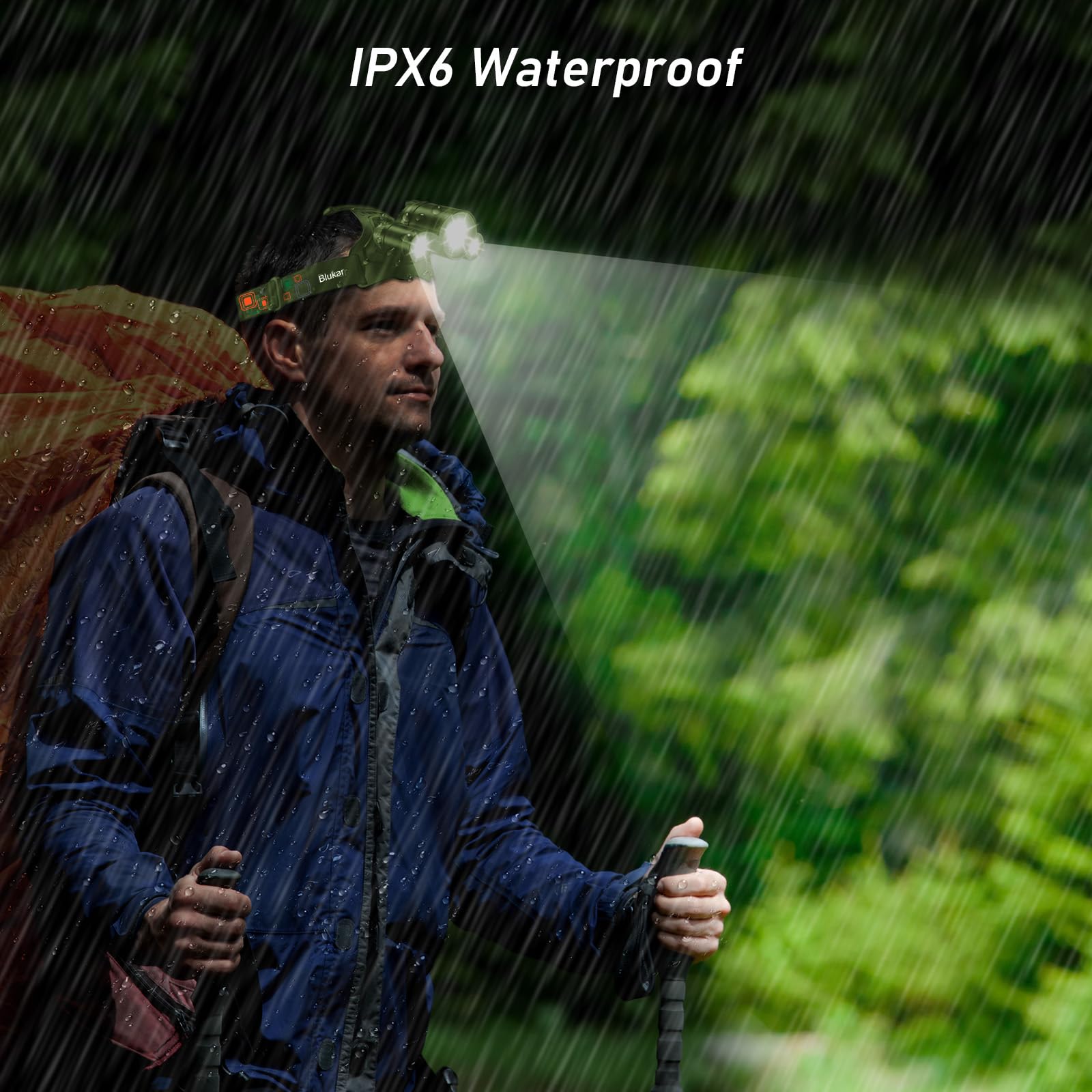 Blukar LED Headlamp, 8000L Rechargeable Flashlight - 3 Lights, 5 Modes, IPX6 Waterproof, Green, Model K9116