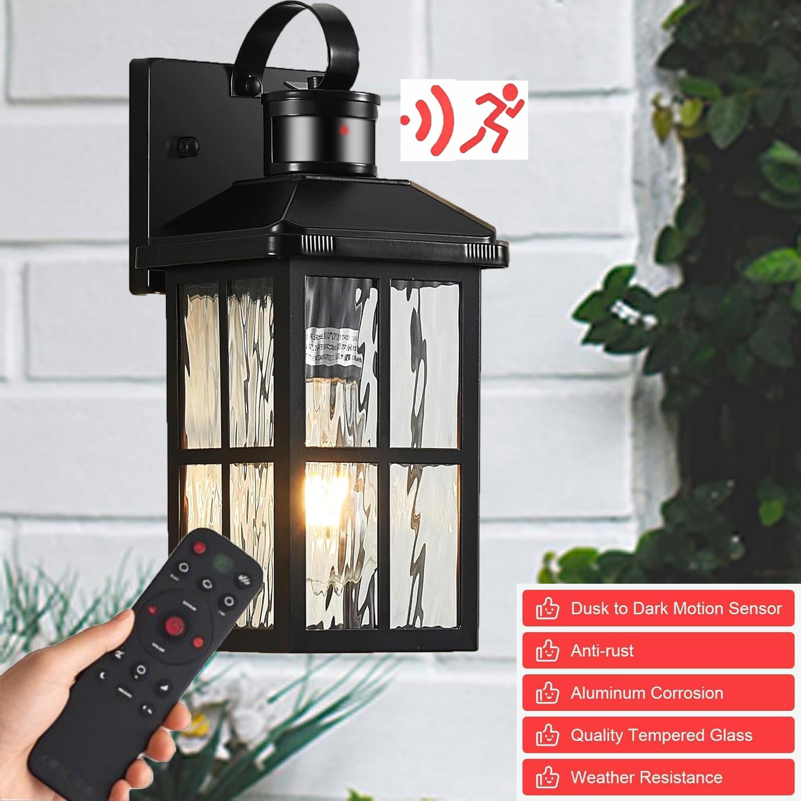 YJXGDIL Outdoor Porch Lights with Remote Control, Motion Sensor, 3 Lighting Modes, 2 Pack, Black, Metal, Model H2001-2B-RW
