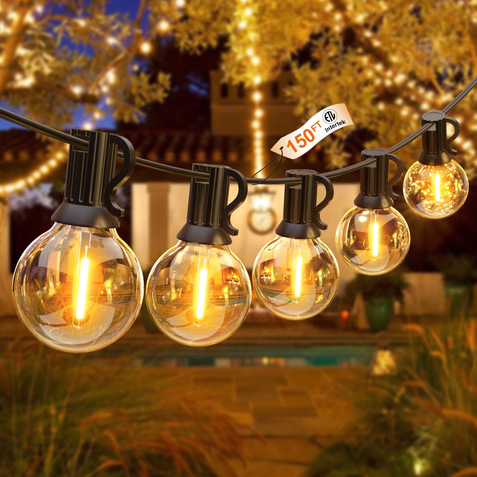 String Lights for Outside 150FT,Dimmable Waterproof Outdoor String Lights with 75+2 Shatterproof G40 Globe Bulbs Connectable LED