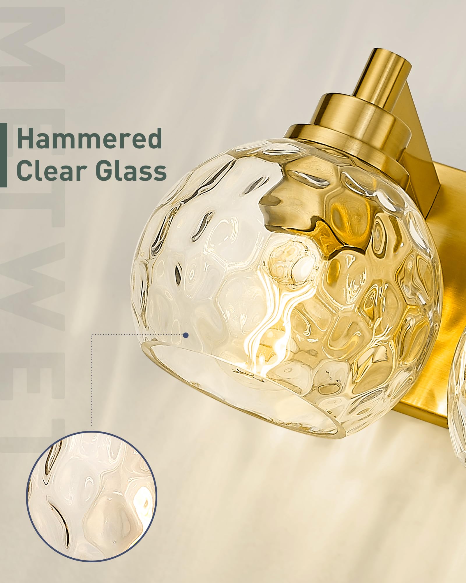 METWET 4-Light Bathroom Vanity Light Fixture, Brushed Gold with Clear Hammered Glass Shade, Model VL200-BG-CL-4