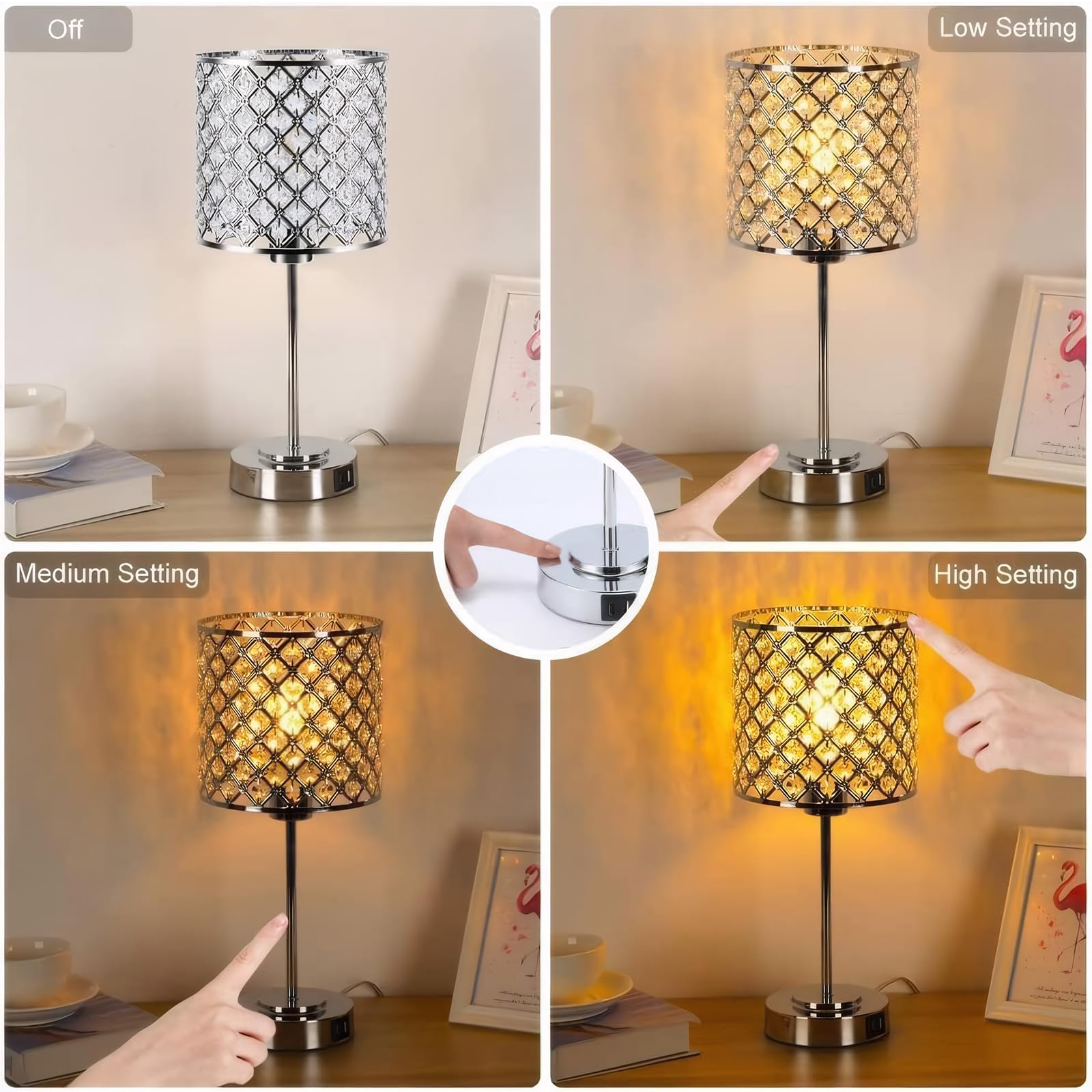 GyroVu Crystal Table Lamp - Touch Control, 3-Way Dimmable, 2 USB Ports, Modern Silver Crystal Nightstand Light, Bulbs Included