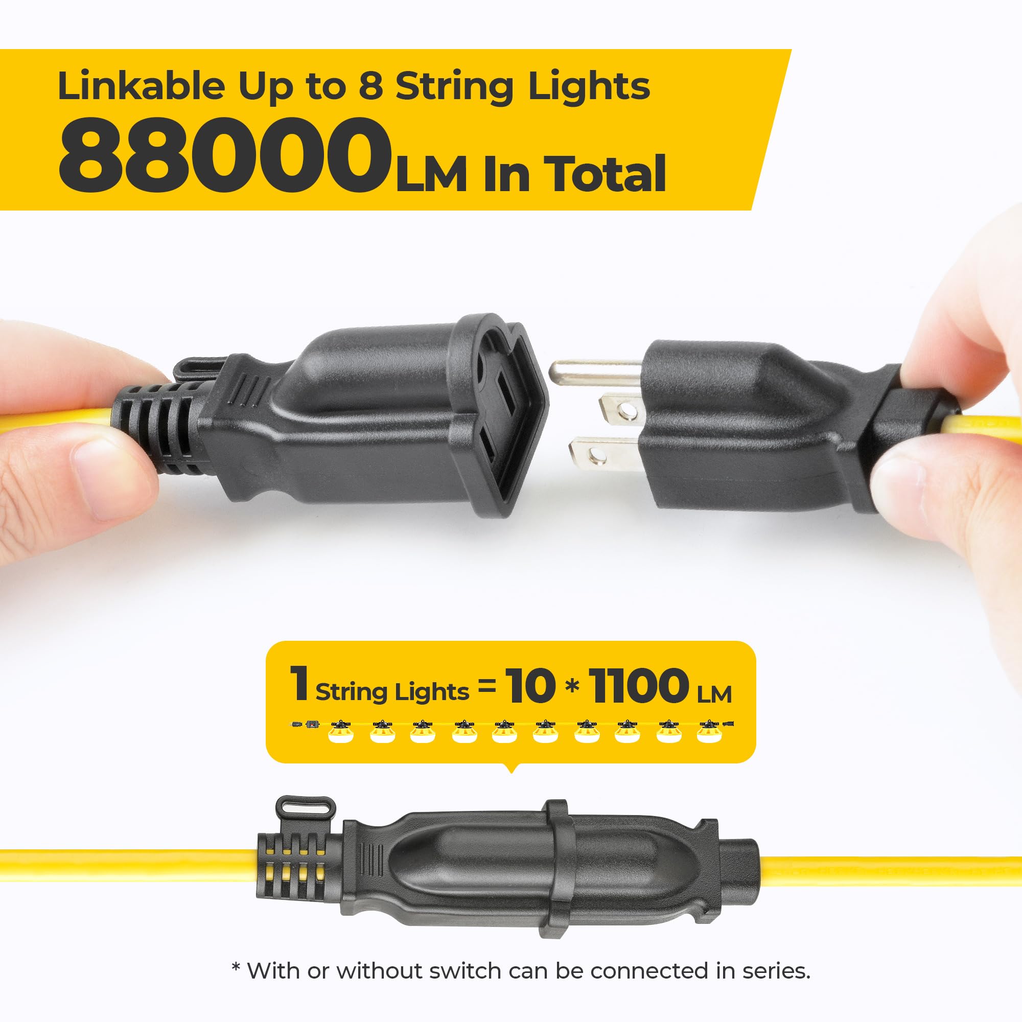 Hyanglux 100Ft Construction String Lights: 3 Prong 100W 11000Lm Etl Certified Bright Industrial Outdoor Temporary Lighting Led H