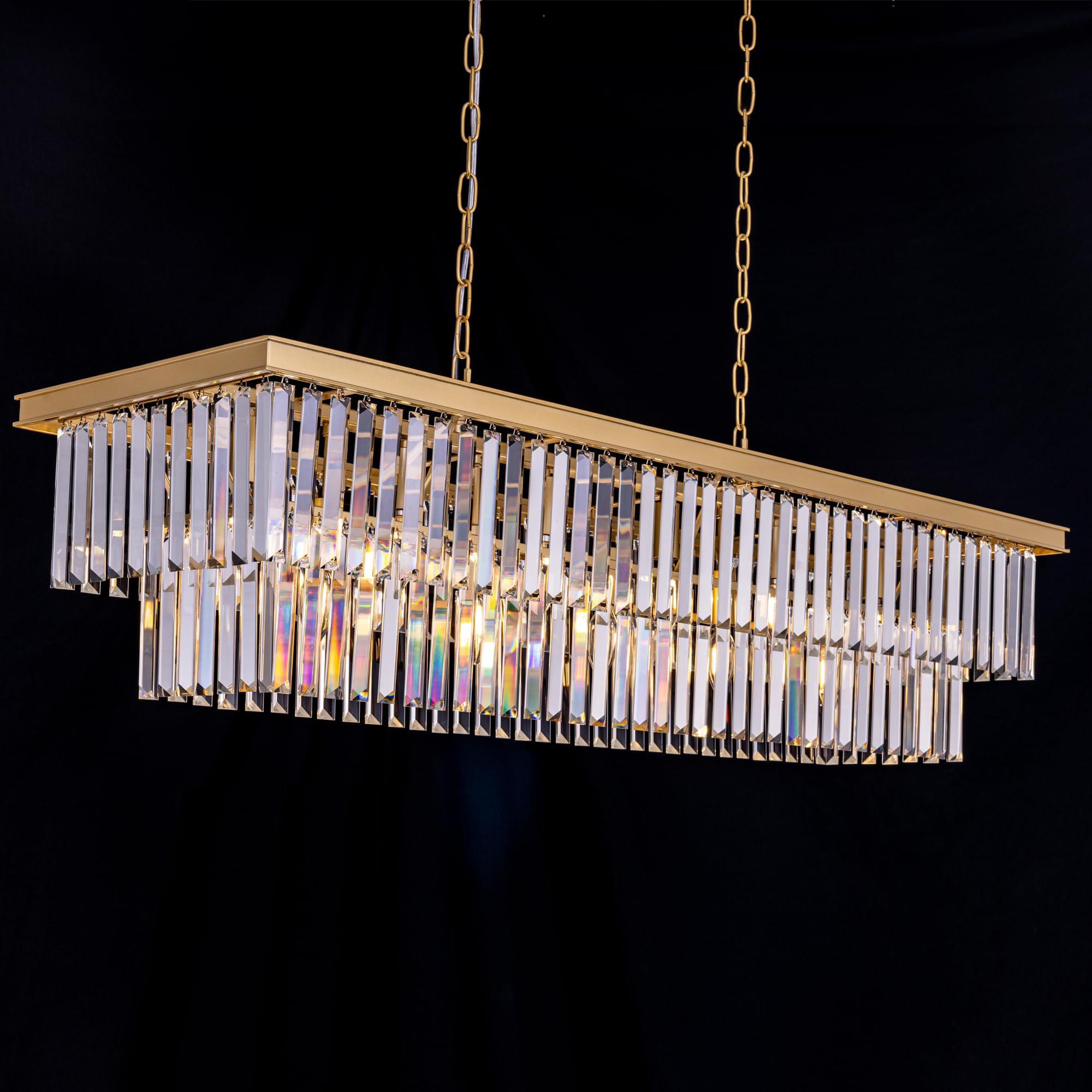 Wellmet Crystal Chandelier 47 Inch, 11-Light Modern Gold Rectangular Crystal Chandelier Ceiling Hanging, Linear Chandeliers Ligh