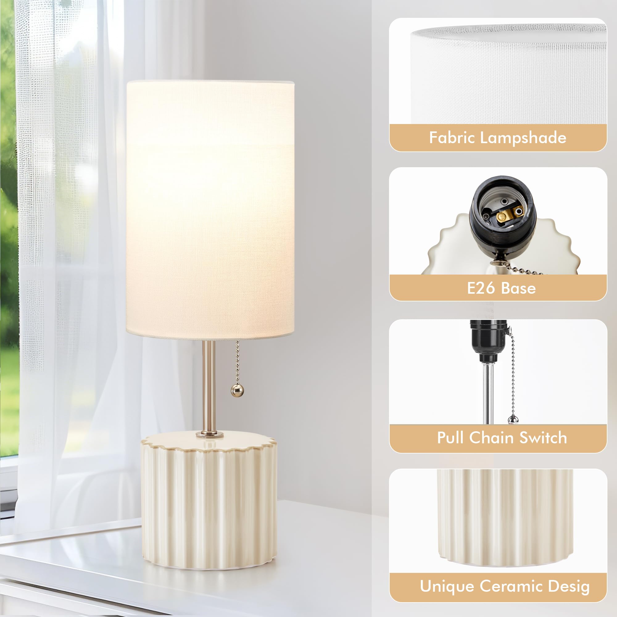 Gyrovu White Ceramic Table Lamps Set Of 2, Bedside Nightstand Lamps With 3-Color Temperature Ceramic Lamp Pull Chain, Small Desk