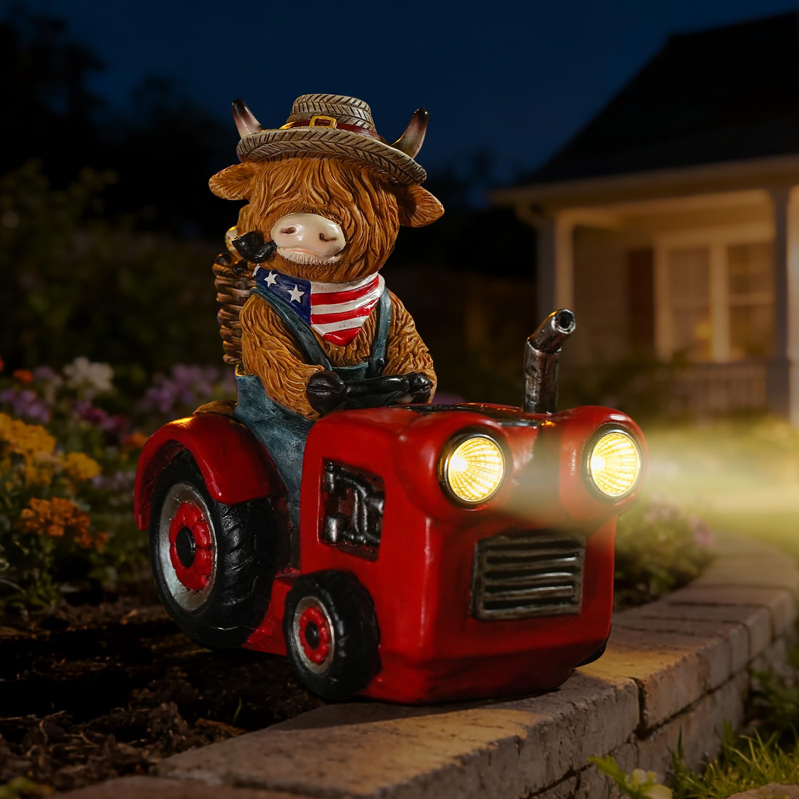 TOLIMI Solar Highland Cow Garden Statue with Tractor, Farmhouse Outdoor Yard Decor with LED Solar Lights, Cute Cow Figurine Trac