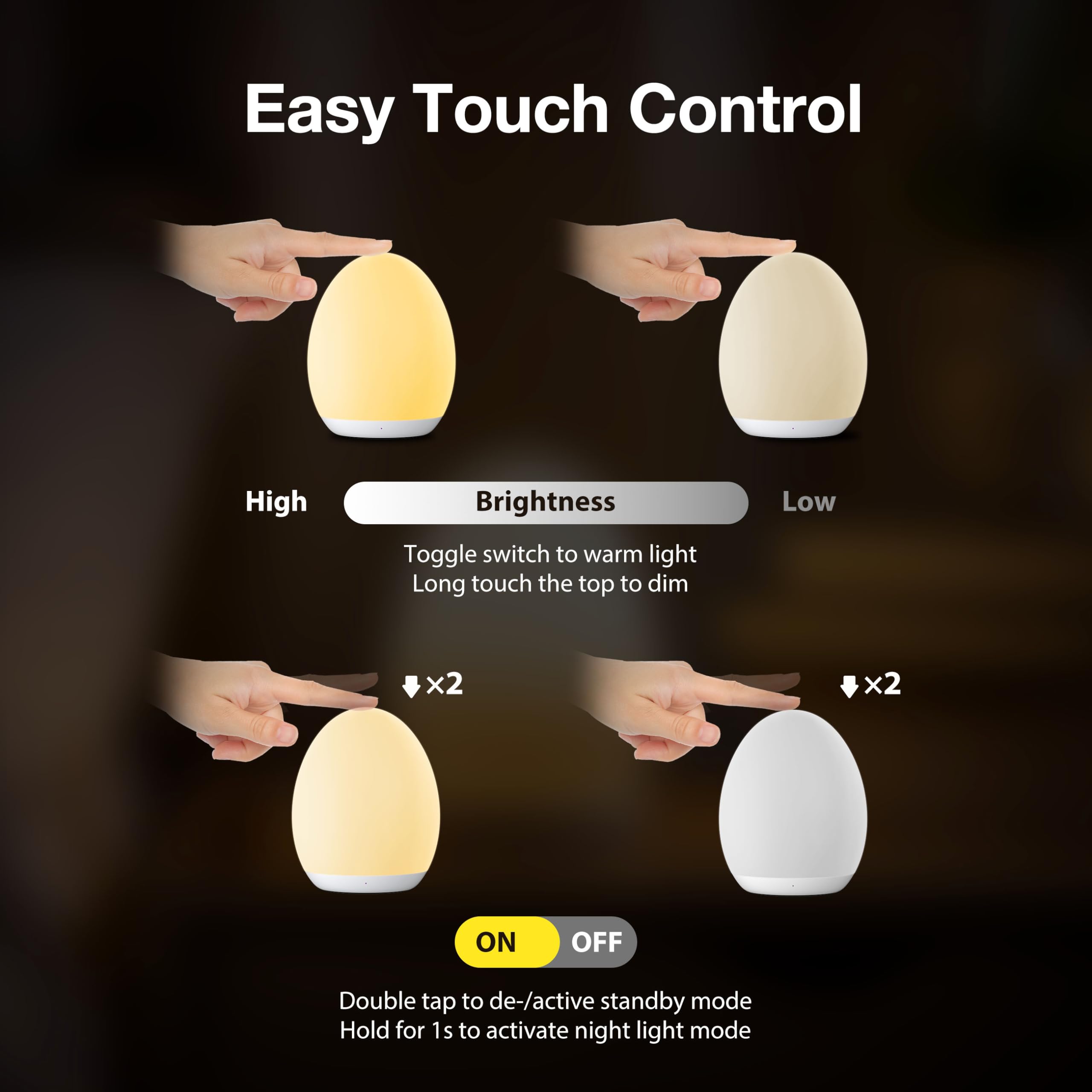 JolyWell Night Light for Kids, Rechargeable Egg Light with 7 RGB Colors, Touch Control, BPA Free, Model JW-CL002, White