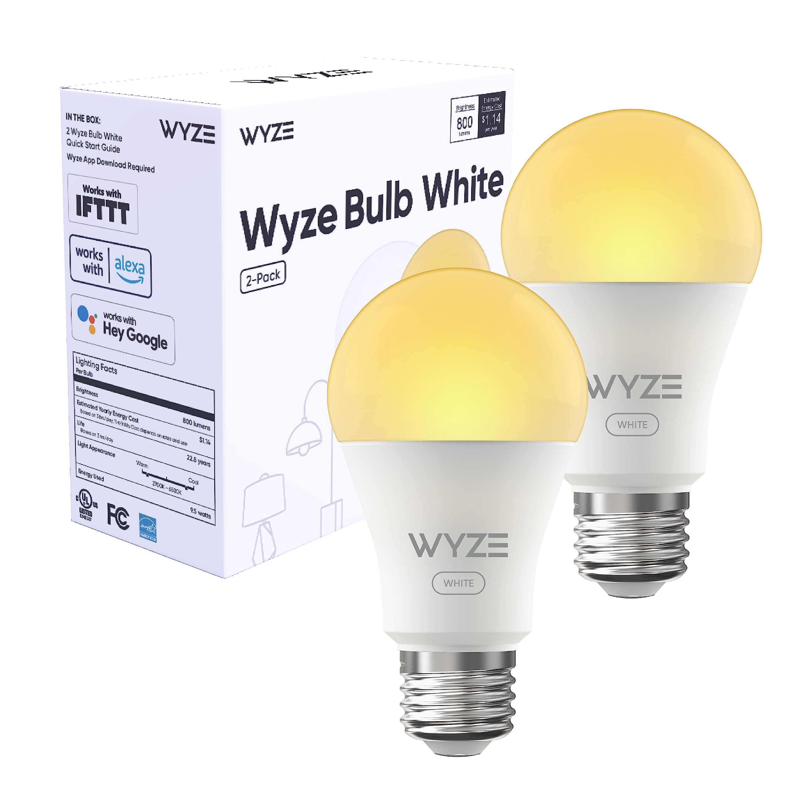 Wyze Bulb White, 800 Lumen, 90+Cri Wifi Tunable-White A19 Smart Light Bulb, Compatible With Alexa And Google Assistant, Two-Pack