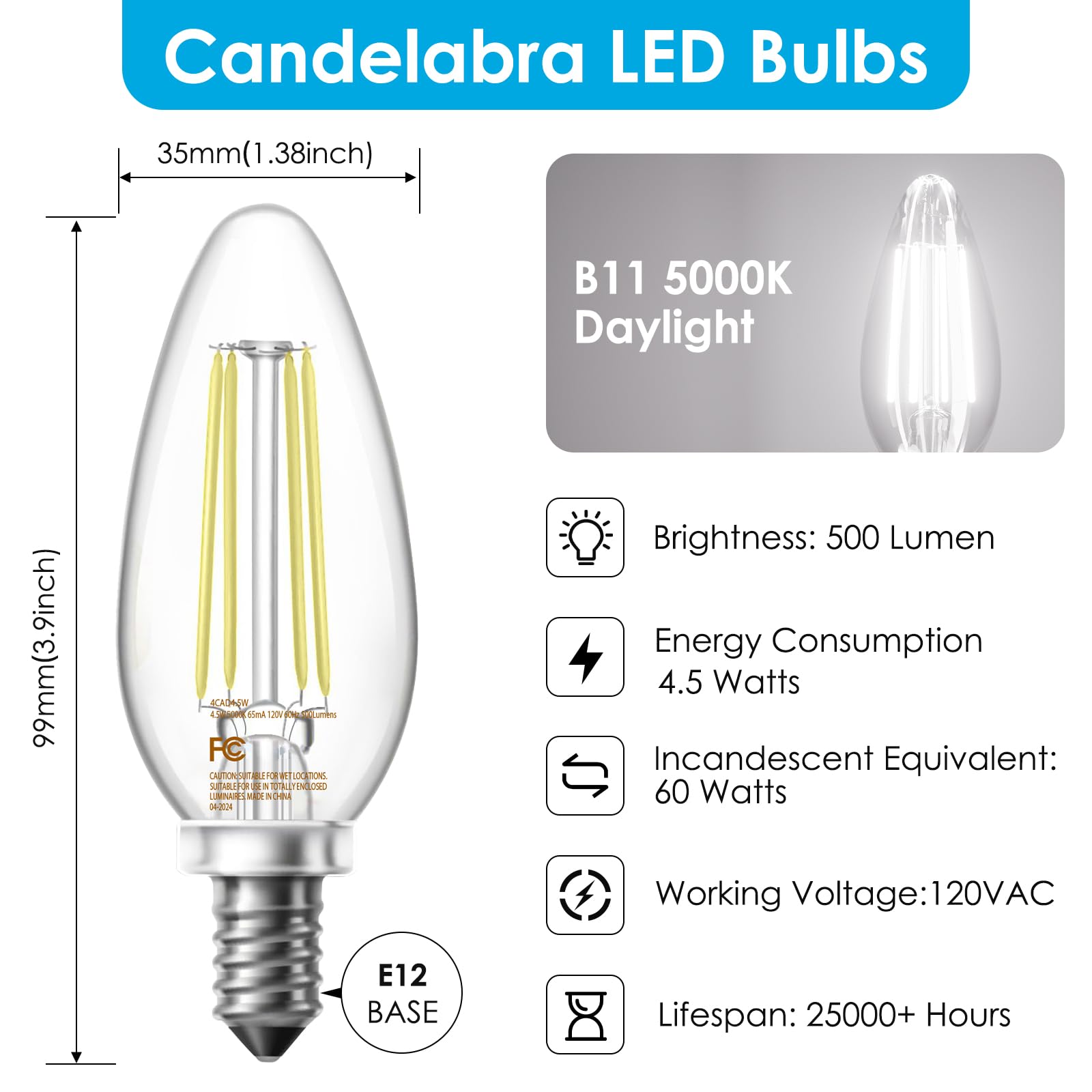 VOLIVO Dimmable E12 LED Candelabra Bulbs 60W Equivalent, 4.5W, 5000K Warm White, Glass, 6 Pack