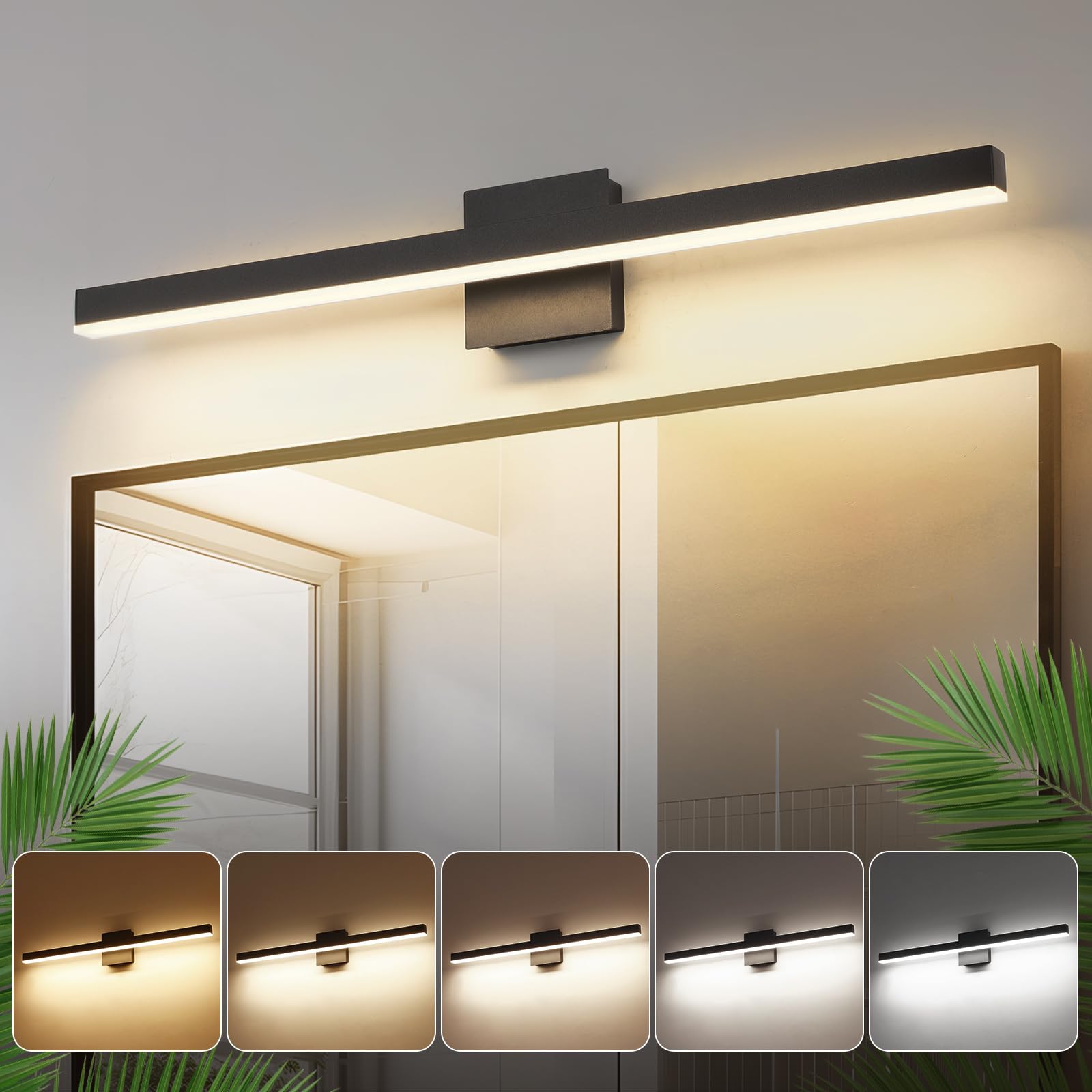 Joossnwell Black Bathroom Light Fixture 5CCT Dimmable Vanity Light 31.5 Inch Acrylic Model 7560-18W-SN-5CCT
