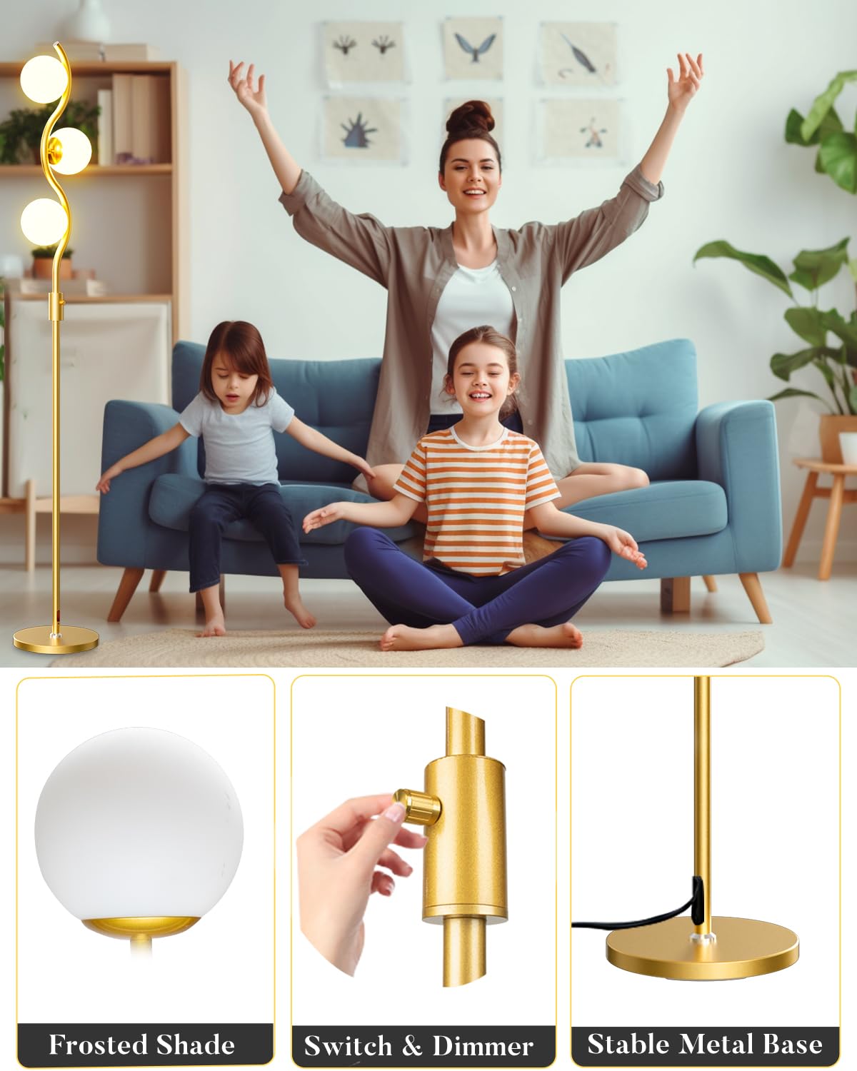 Lightdot 60IN Dimmable Gold Floor Lamp, Mid Century Metal Design, 3 Globe Warm White Bulbs, Model YRFLL-E26XX-26