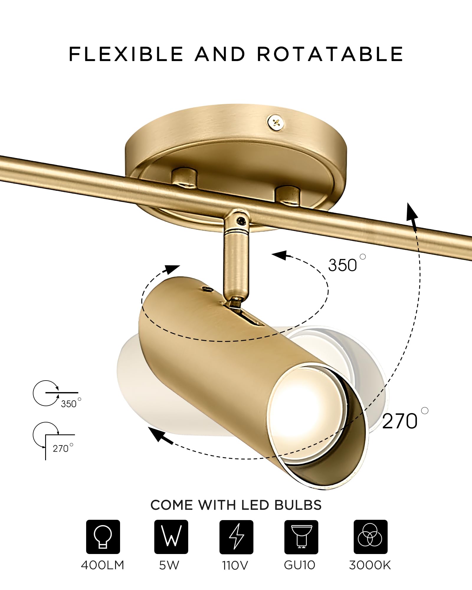 FEMILA 50" LED Track Lighting, 6-Light Brass Gold Fixtures, Rotatable GU10, Model 4FS79TL-6 BG