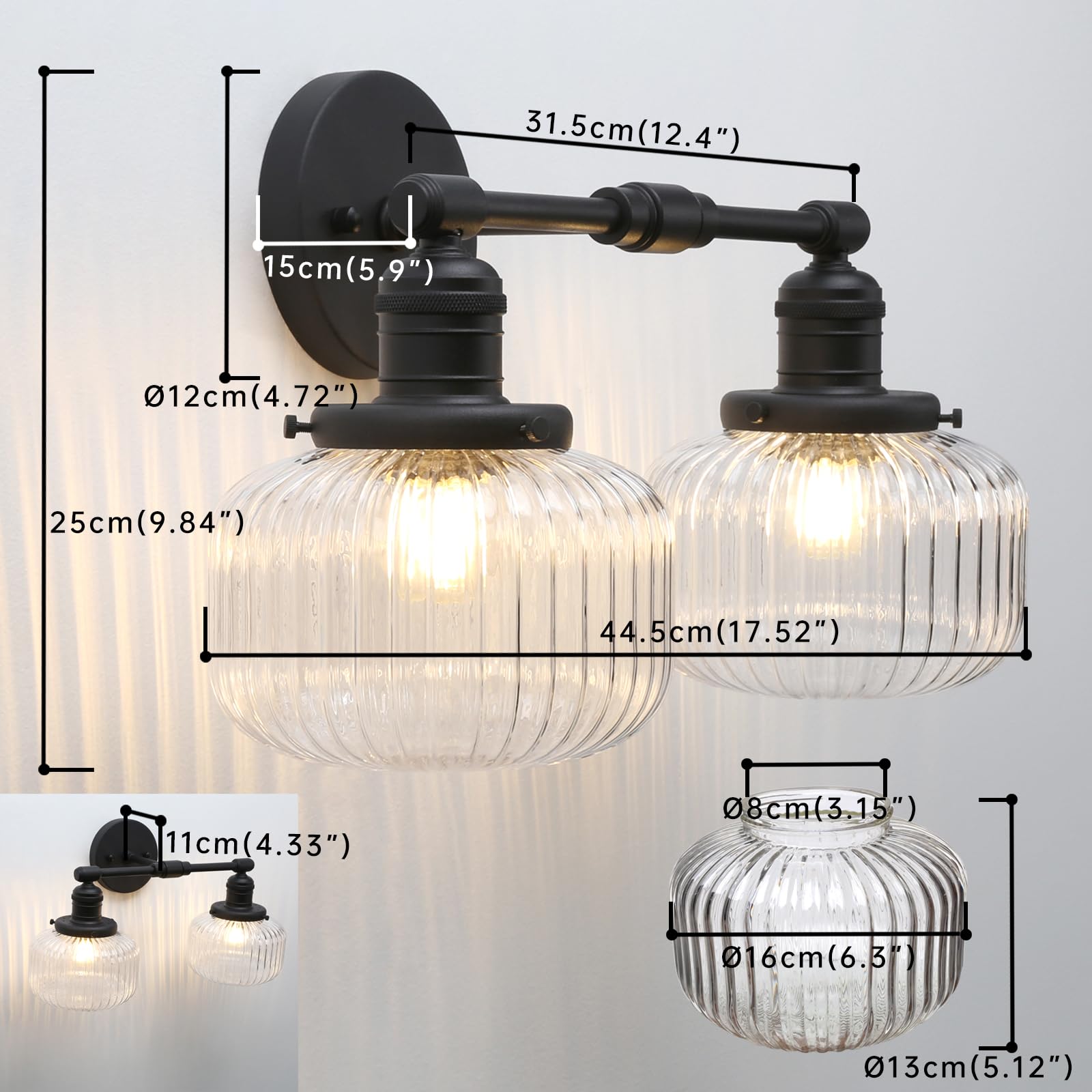 JIMUBEAM Industrial Glass Wall Sconces, Antique Brass, 2-Light Fixture for Bathroom, Bedroom, Dining Room, Model JMUS1163H