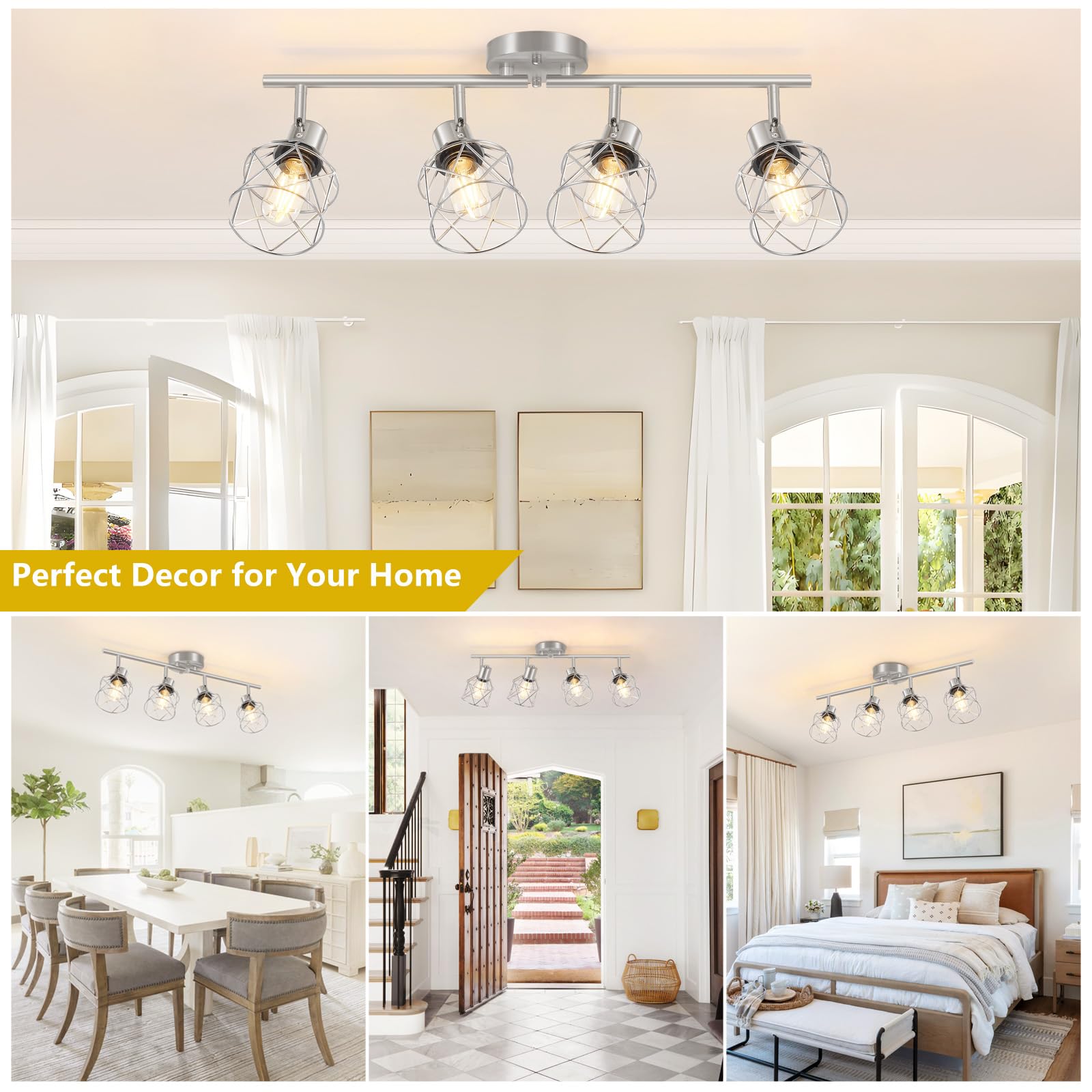 Baocuz 4-Light Kitchen Lighting Fixtures  Adjustable Multi-Directional Brushed Nickel Track Ceiling Light  Semi Flush Mount Ceiling Spotlight With Wire Cages For Living Room  Bedroom  Hallway