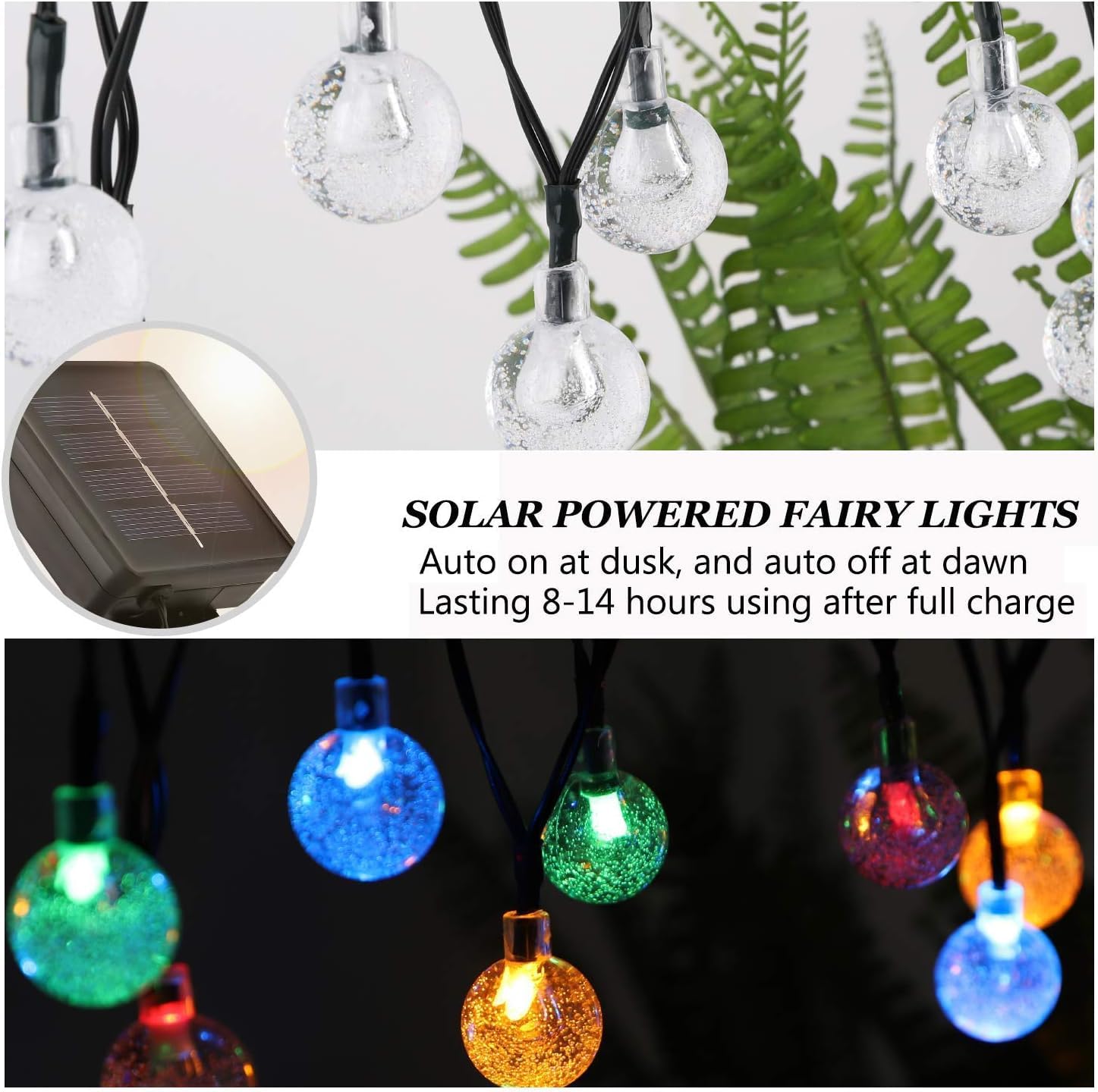 Solar String Lights, Small Crystal Ball Light,Outdoor String Light 60 Led 40Ft 8 Lighting Modes Waterproof Solar Powered Patio S