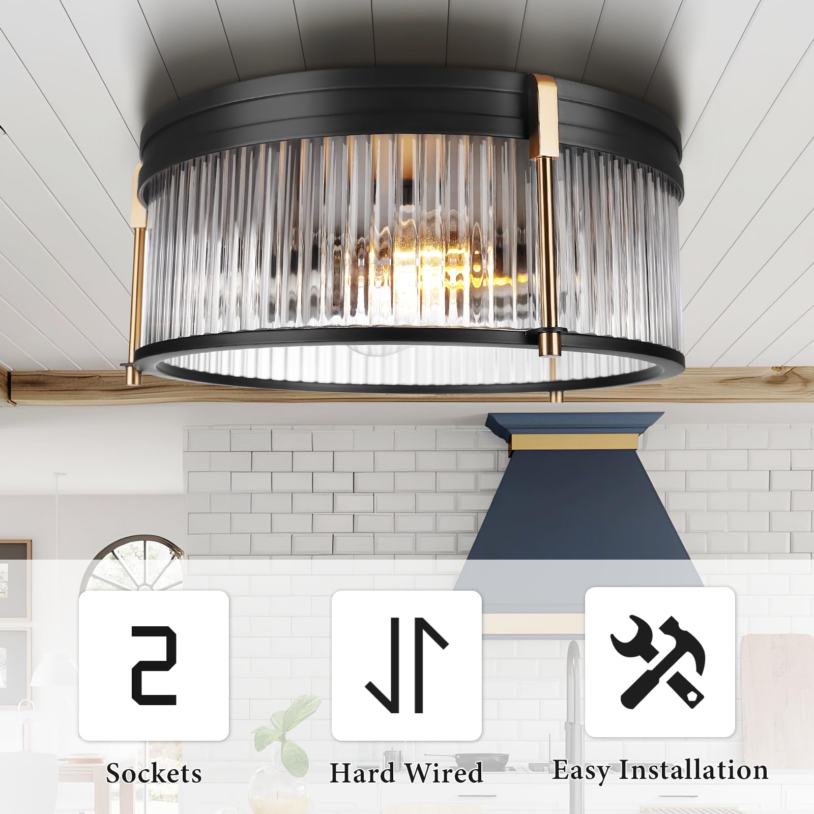 Rosient Industrial Flush Mount Ceiling Light, Rustic Ceiling Lamp Fixtures With Clear Glass Shade, Industrial Metal Cage Ceiling