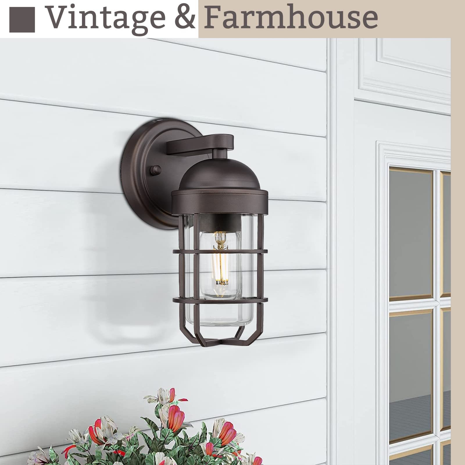 Emliviar Farmhouse Outdoor Wall Sconces, 2 Pack Vintage Light Fixtures, Oil Rubbed Bronze, Nautical Metal Cage, GE255B-2PK ORB