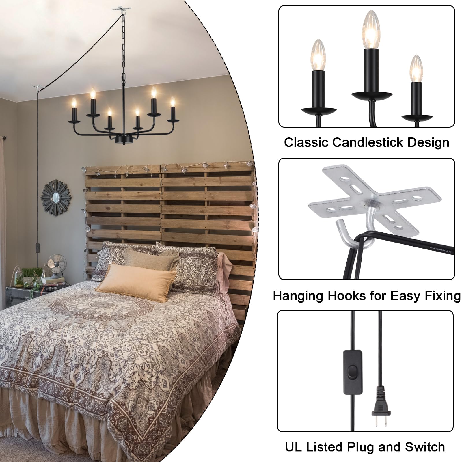 Zemsum 6-Light Plug-In Chandelier With Cord & Switch - Modern Hanging Lamp For Home Decor